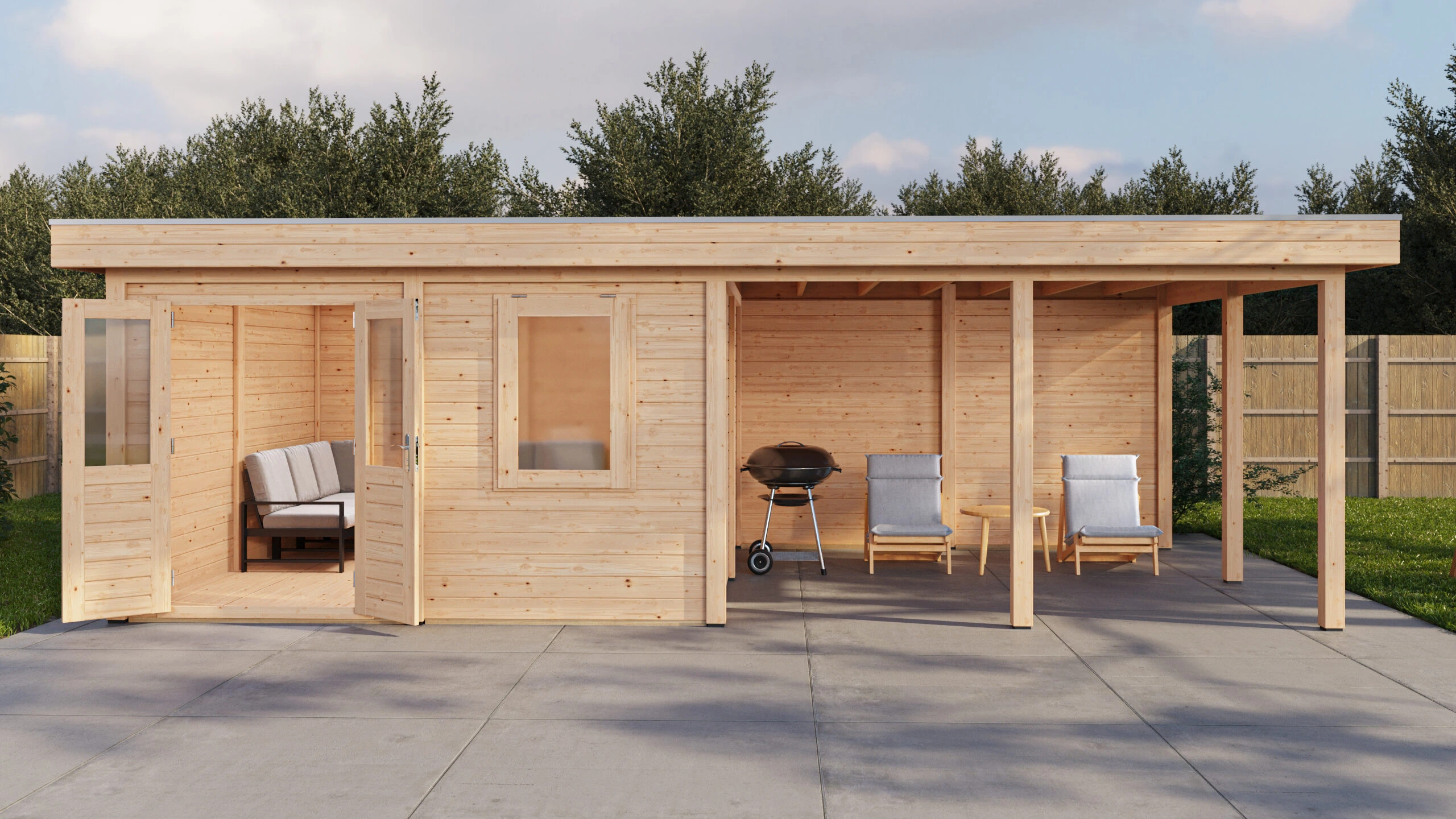 Lugarde Select Modern Gartenhaus 28mm mit Vordach Ulm 388x388cm + 400cm - Unbehandelt