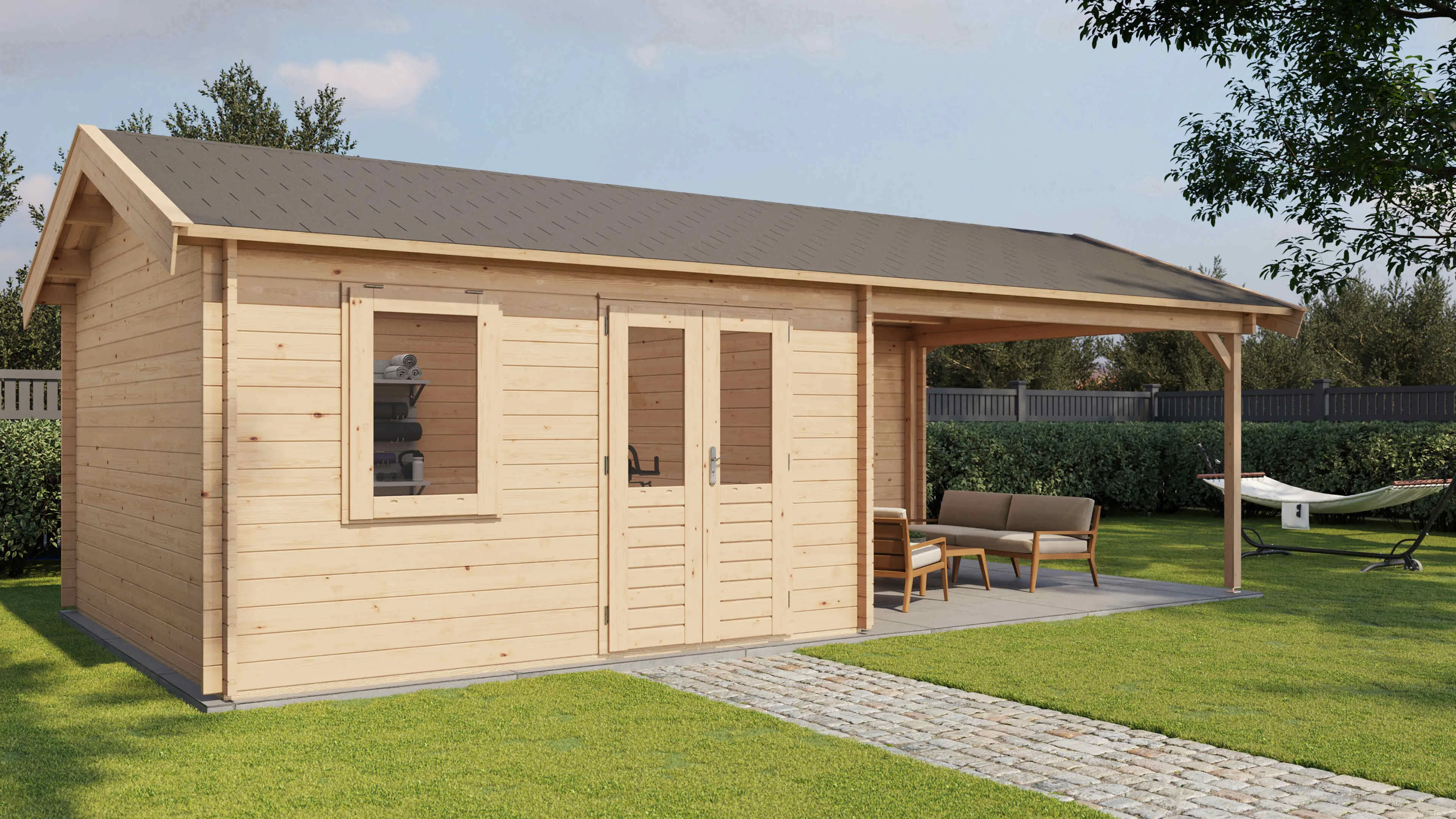 Lugarde Select Blockhaus Halberstadt mit Vordach 400x400cm + 400cm -
