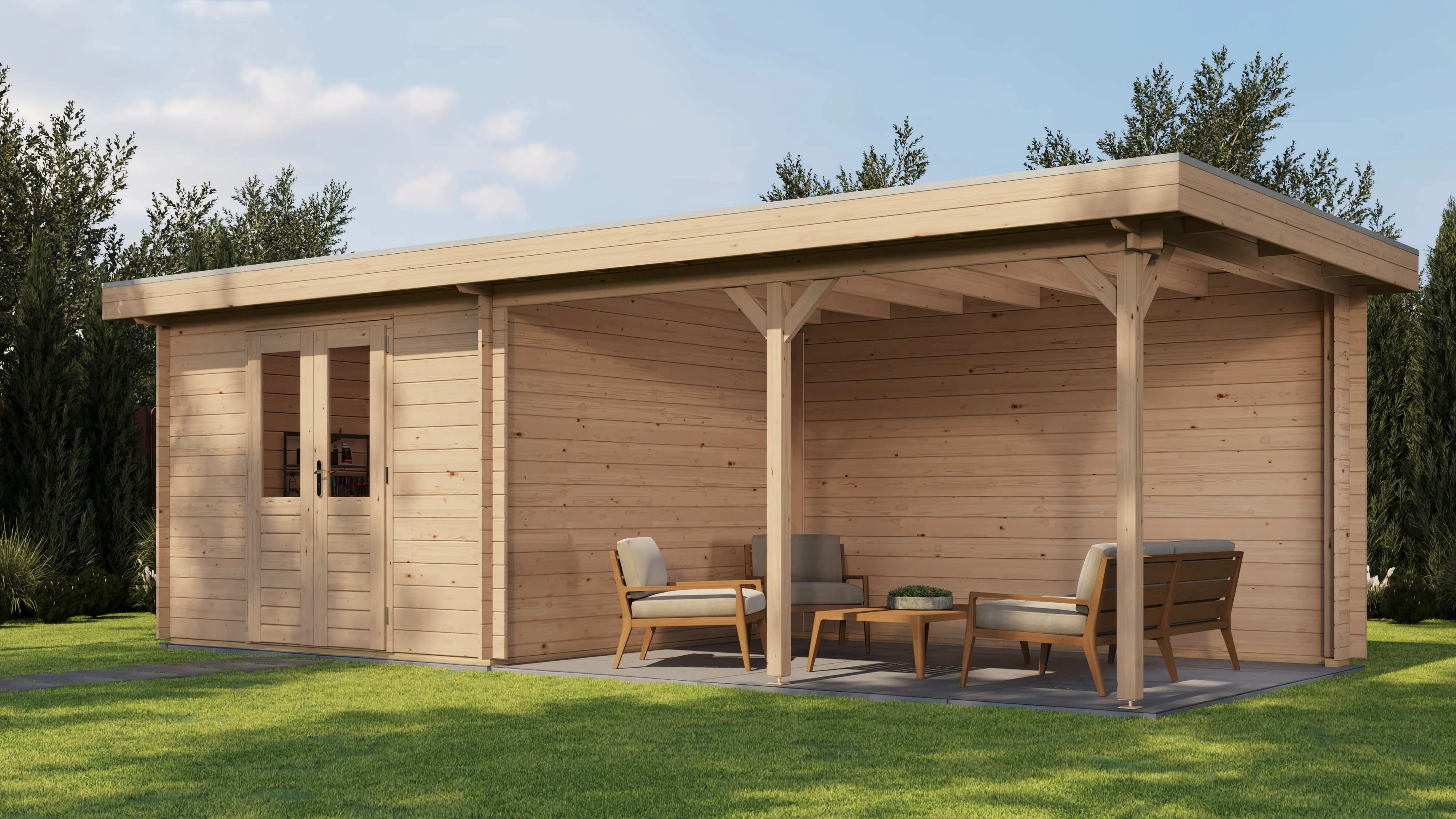 Lugarde Select Blockhaus Bensheim mit Vordach 300x300cm + 400cm -