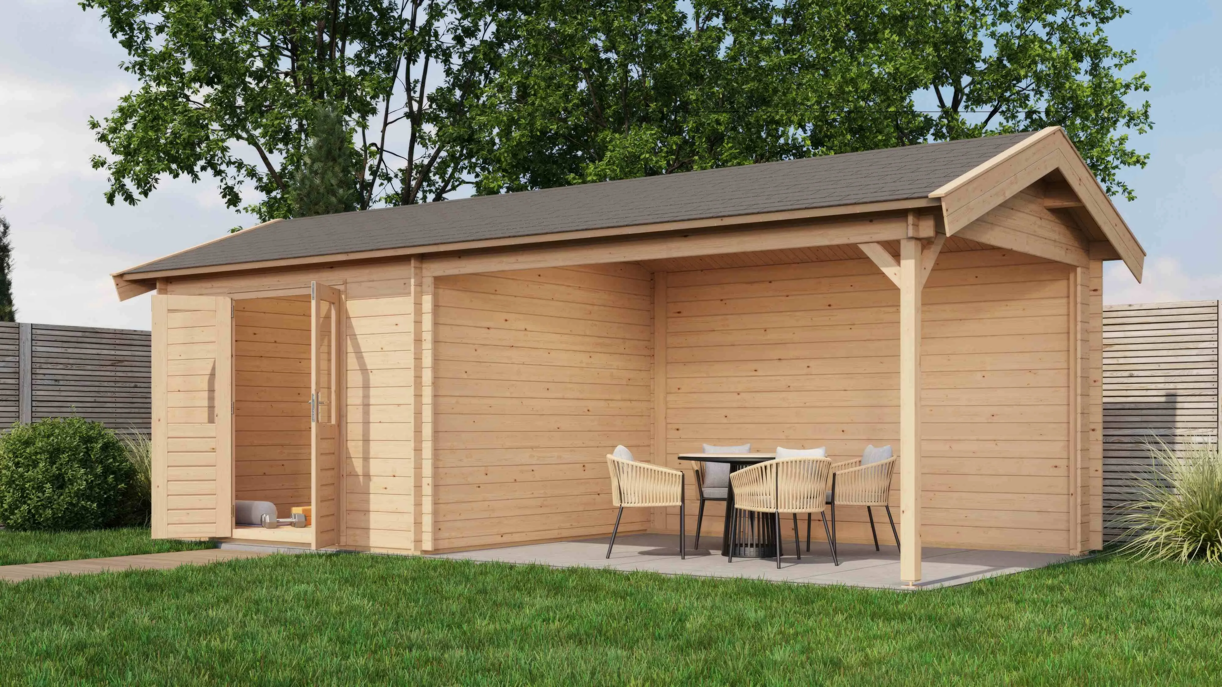 Lugarde Select Blockhaus Fürstenfeldbruck mit Vordach 300x300cm + 400cm -