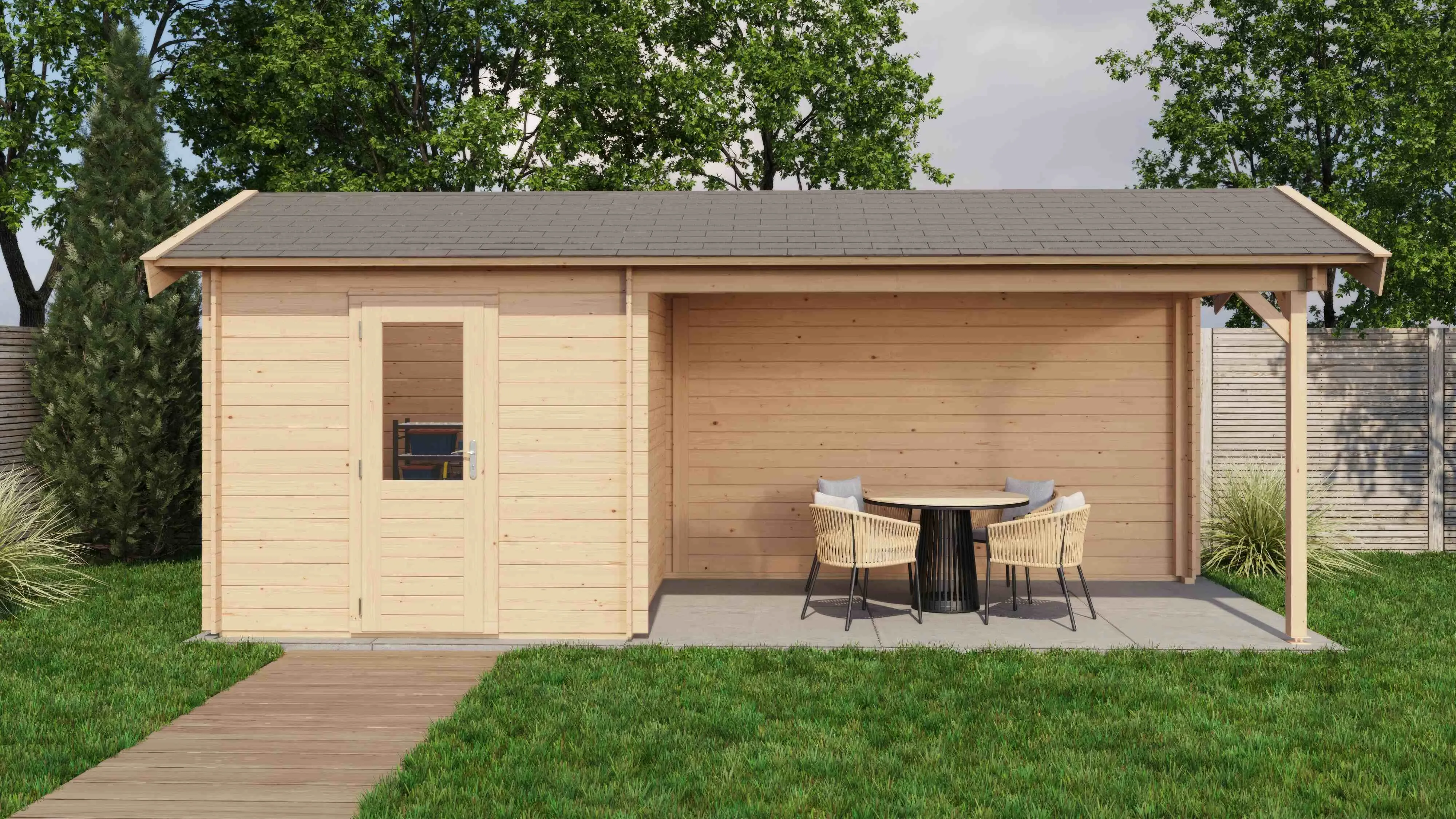 Lugarde Select Blockhaus Erlangen mit Vordach 250x250cm + 400cm -