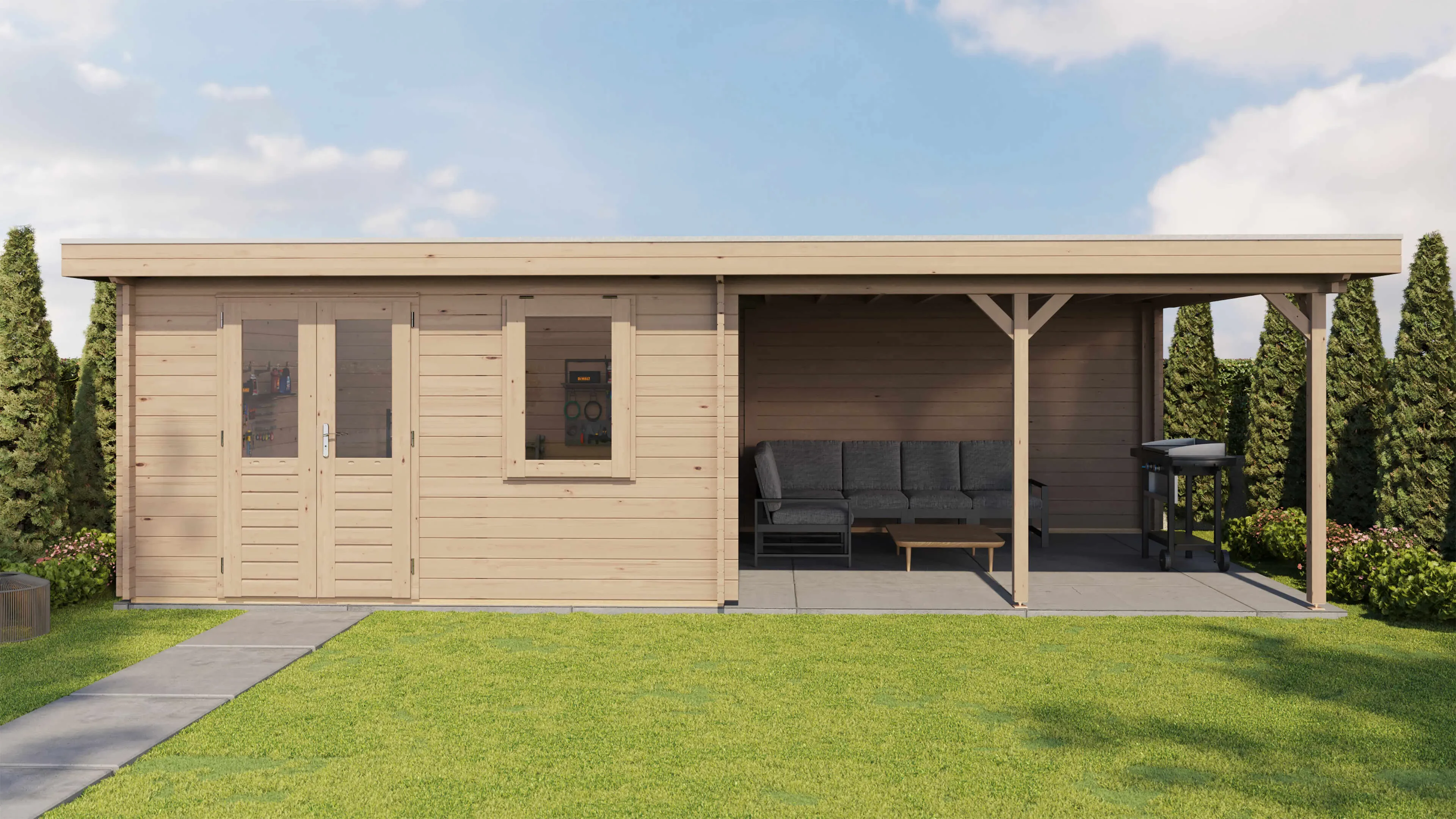 Lugarde Select Blockhaus Düren mit Vordach 400x400cm + 400cm -