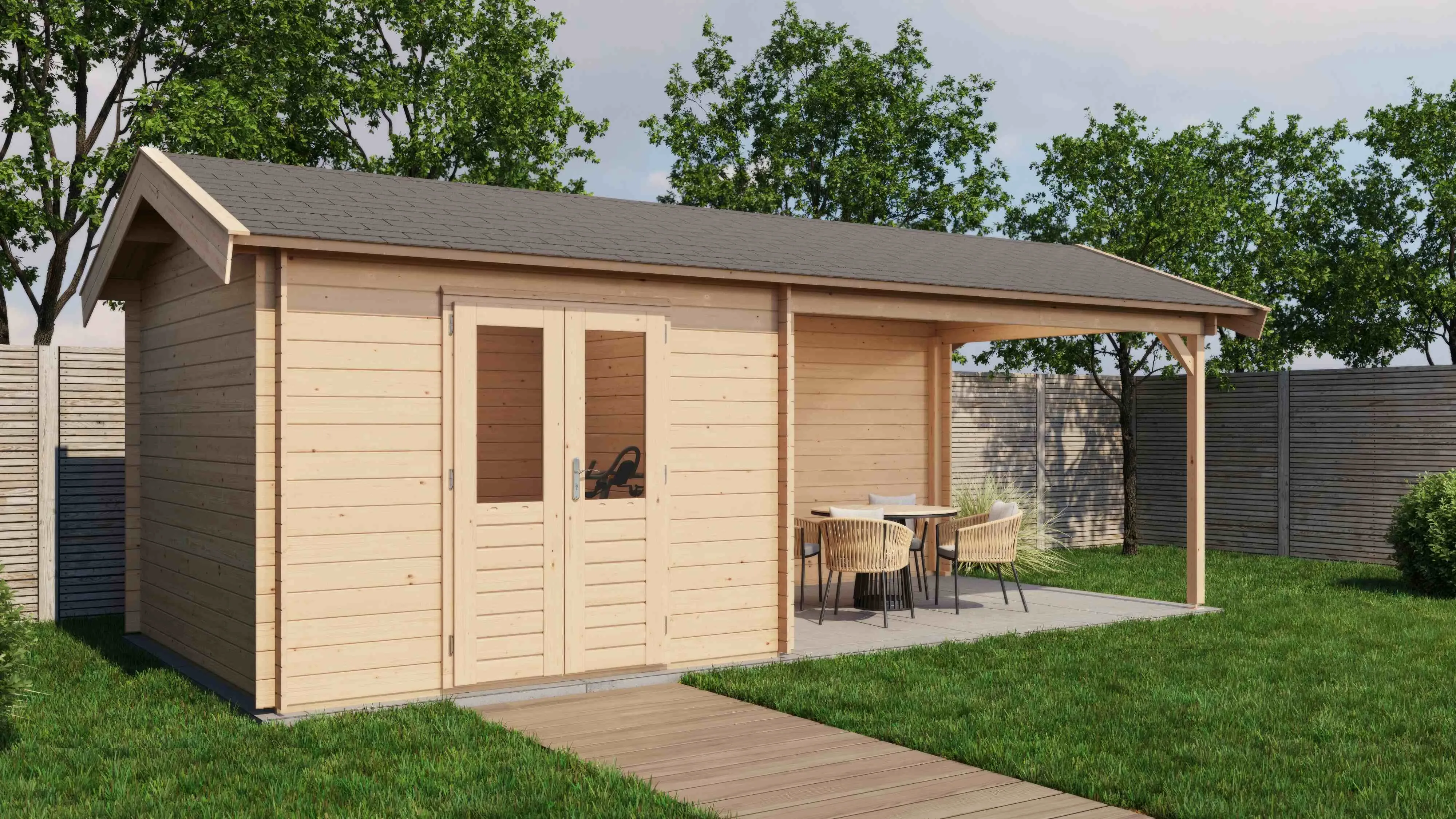 Lugarde Select Blockhaus Fürstenfeldbruck mit Vordach 300x300cm + 400cm -