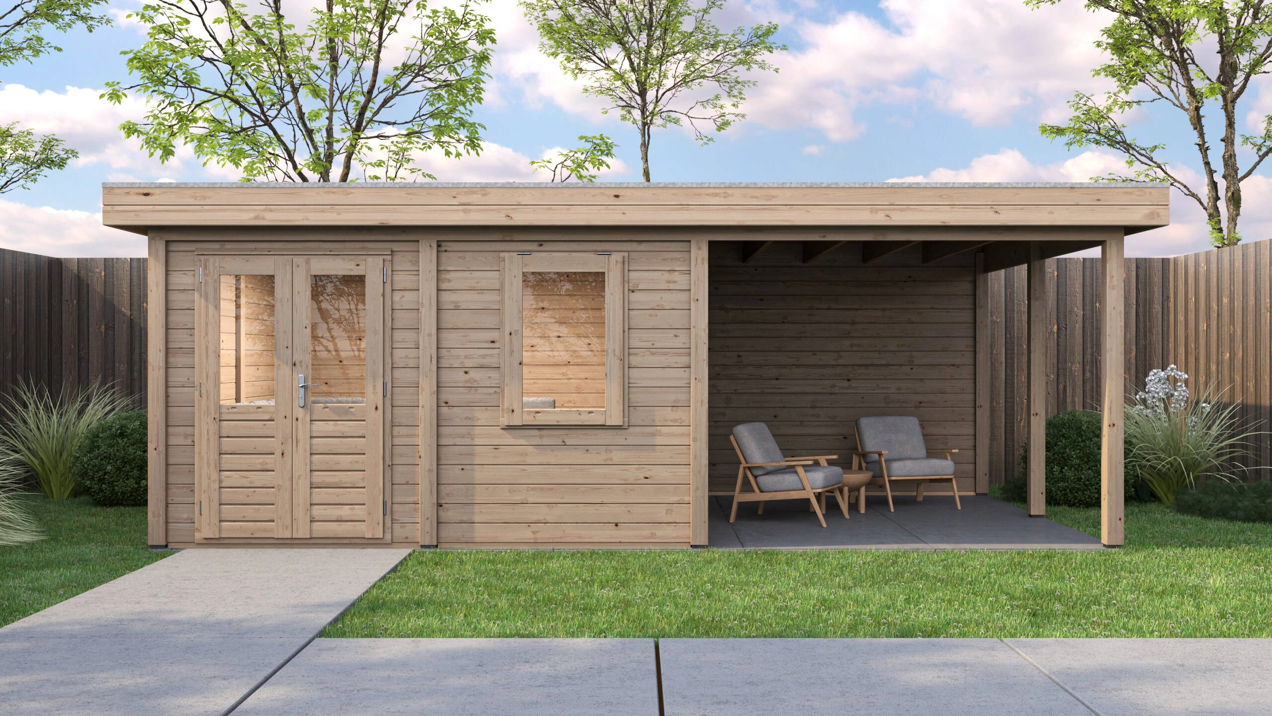 Lugarde Select Modern Gartenhaus 28mm mit Vordach Regensburg 388x388cm + 300cm - Unbehandelt