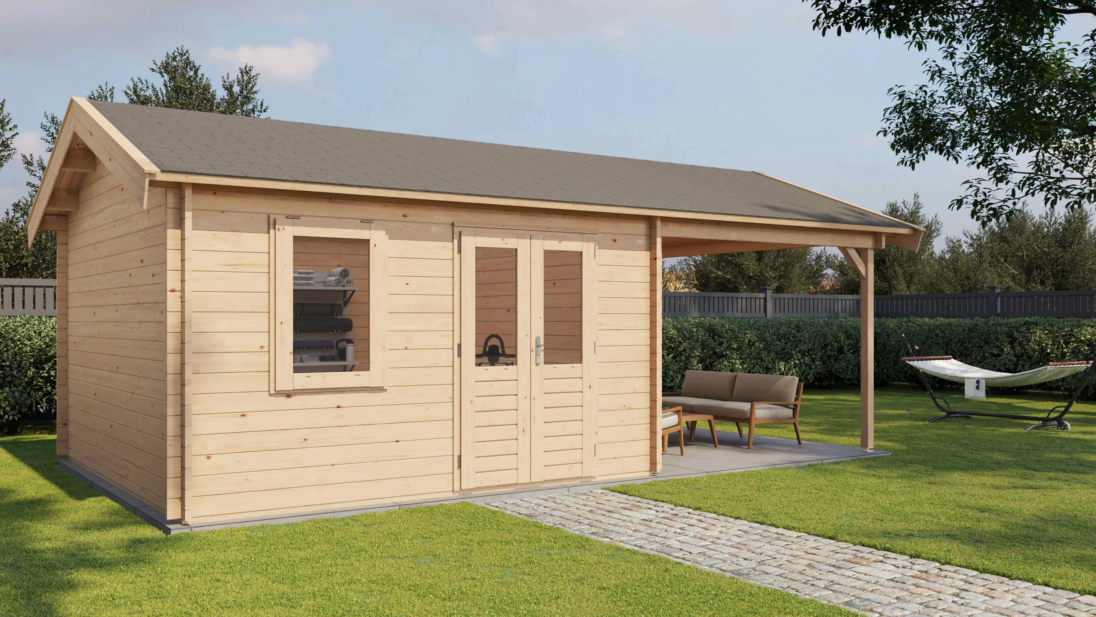 Lugarde Select Blockhaus Hagenow mit Vordach 400x400cm + 300cm -