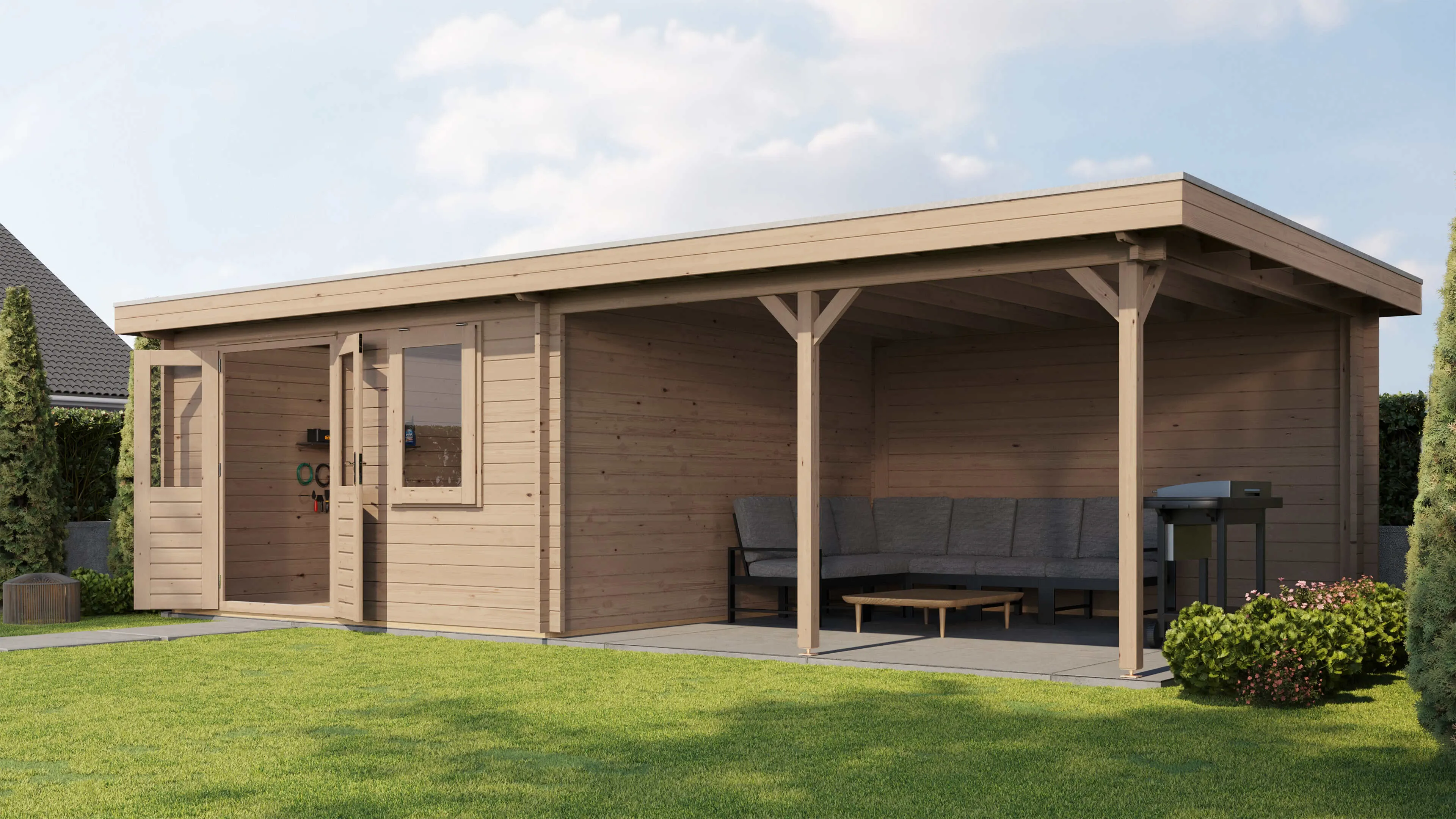 Lugarde Select Blockhaus Düren mit Vordach 400x400cm + 400cm -