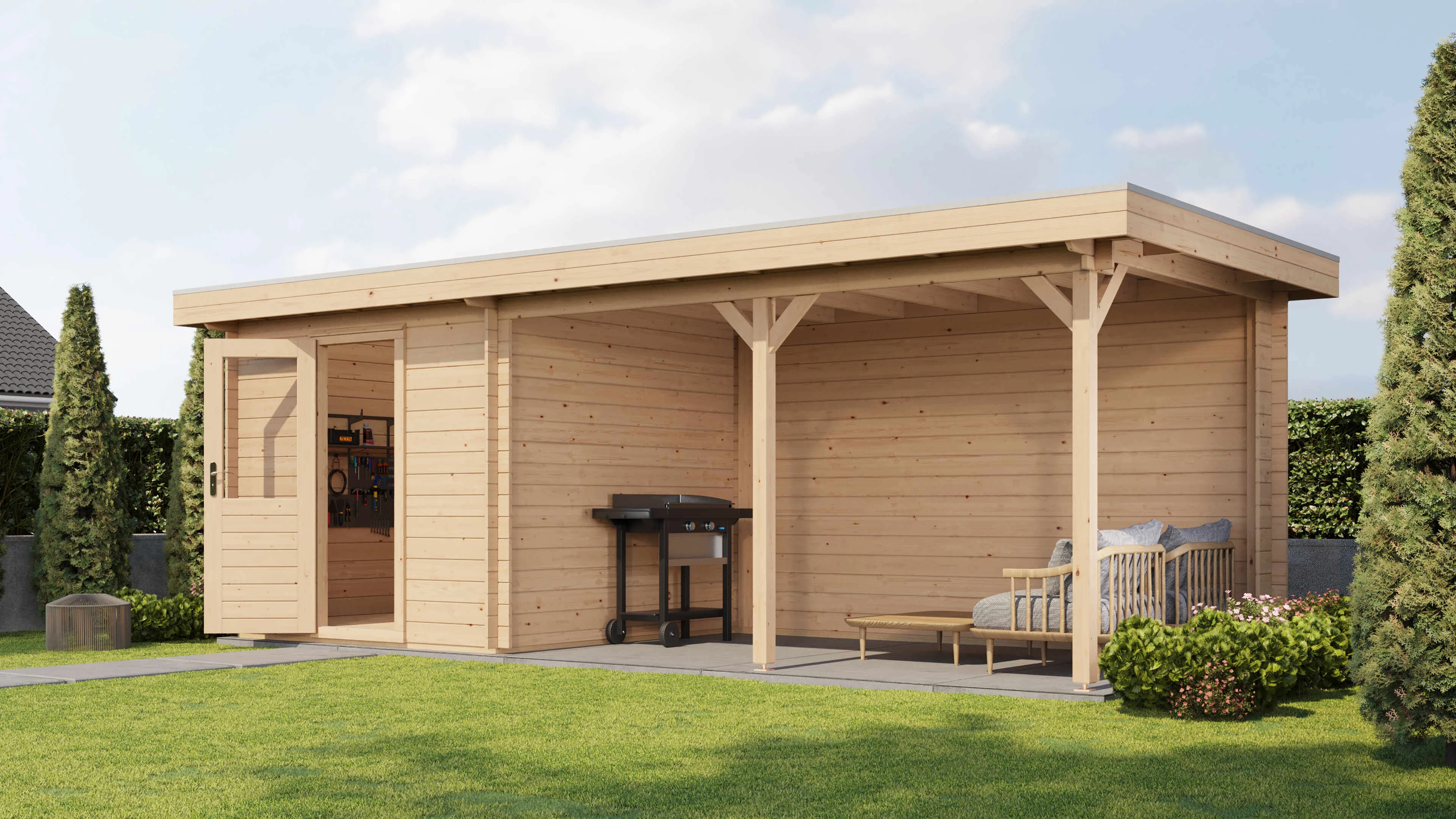 Lugarde Select Blockhaus Ansbach mit Vordach 250x250cm + 400cm -