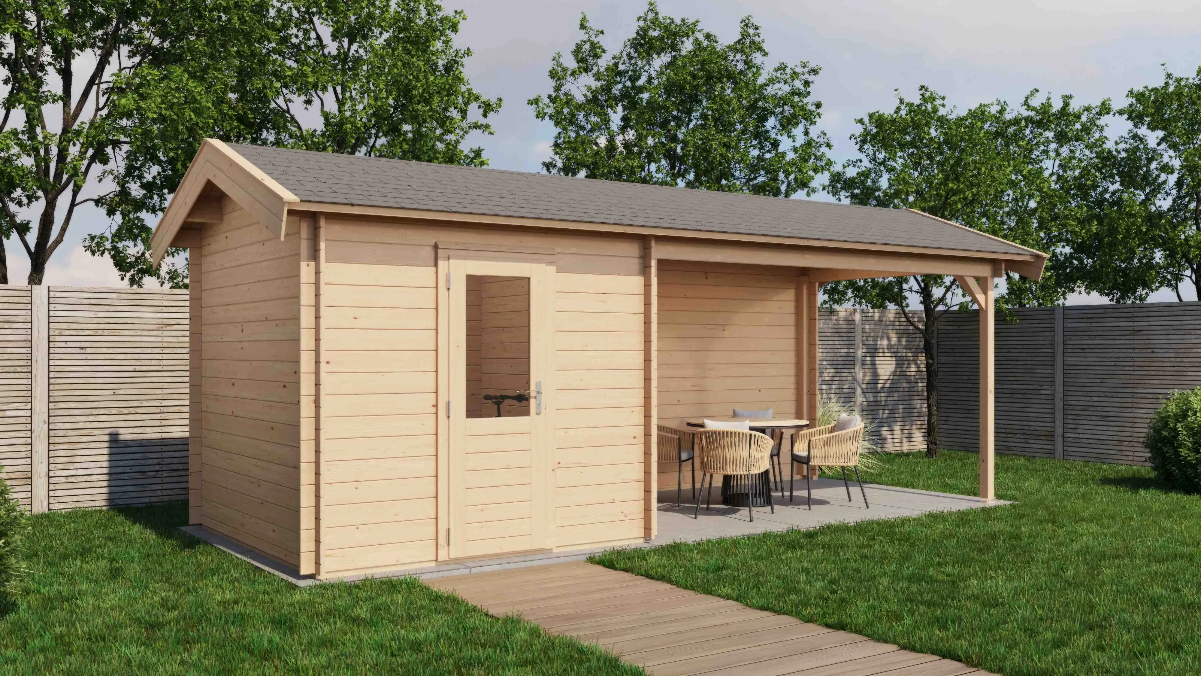 Lugarde Select Blockhaus Erlangen mit Vordach 250x250cm + 400cm -