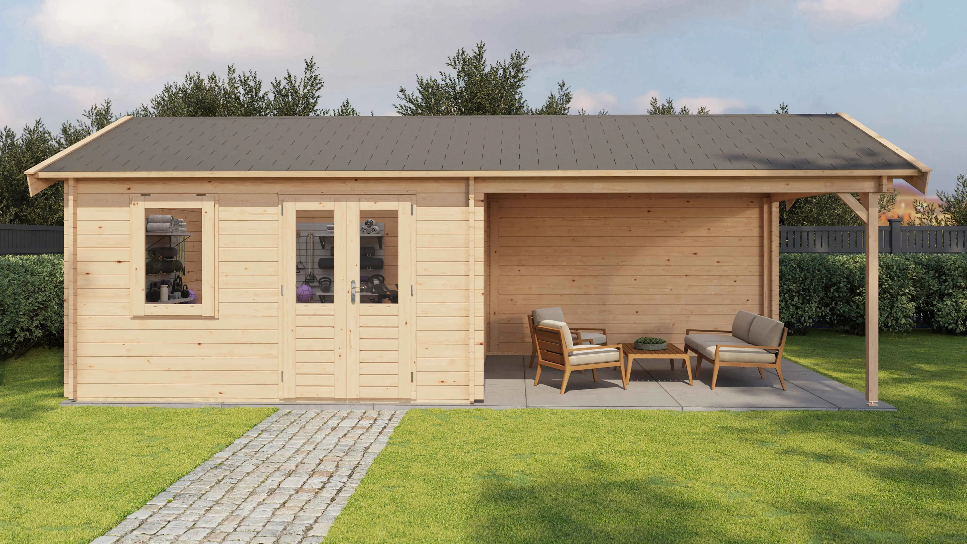 Lugarde Select Blockhaus Halberstadt mit Vordach 400x400cm + 400cm -