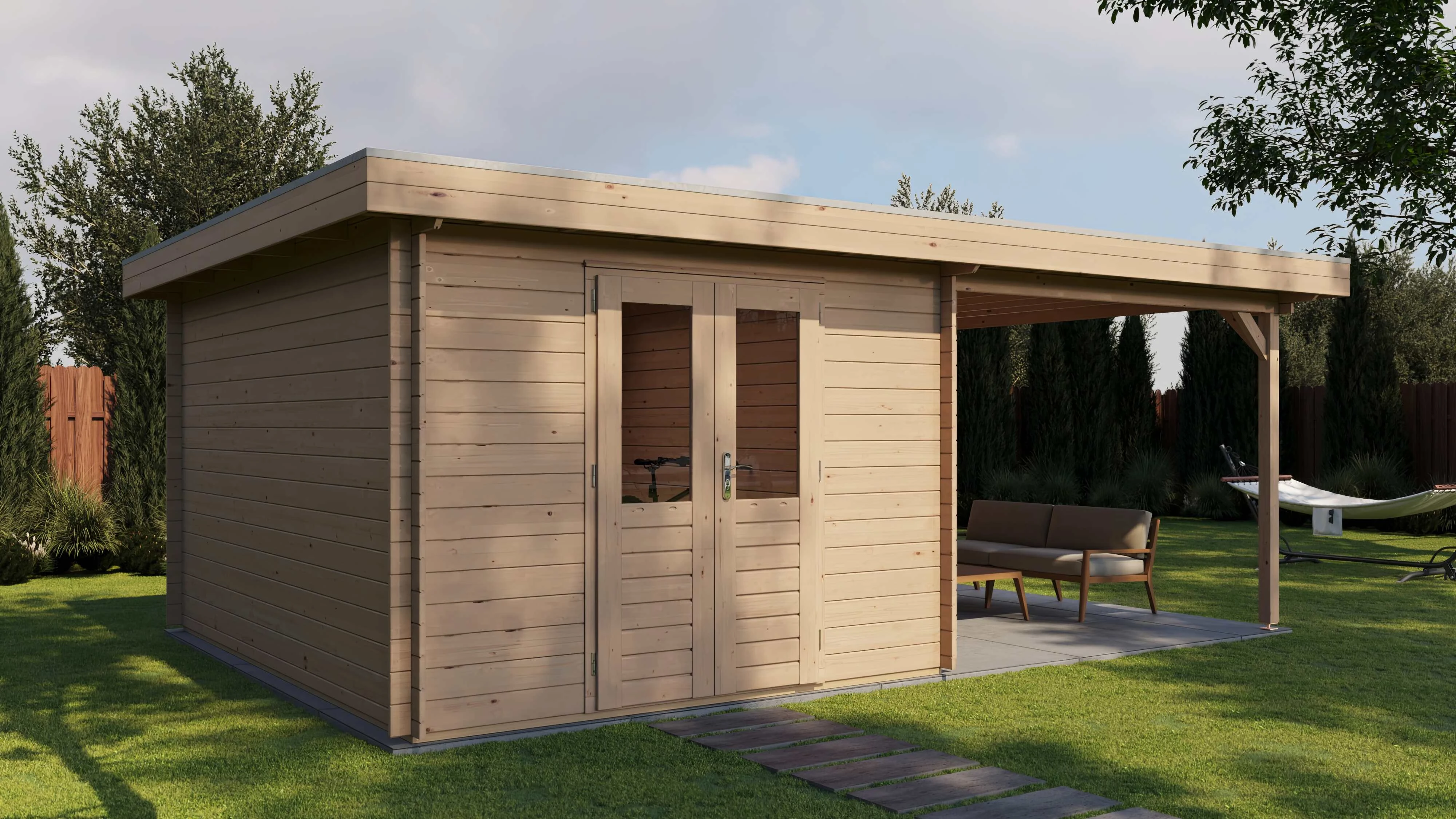 Lugarde Select Blockhaus Bielefeld mit Vordach 300x400cm + 300cm -