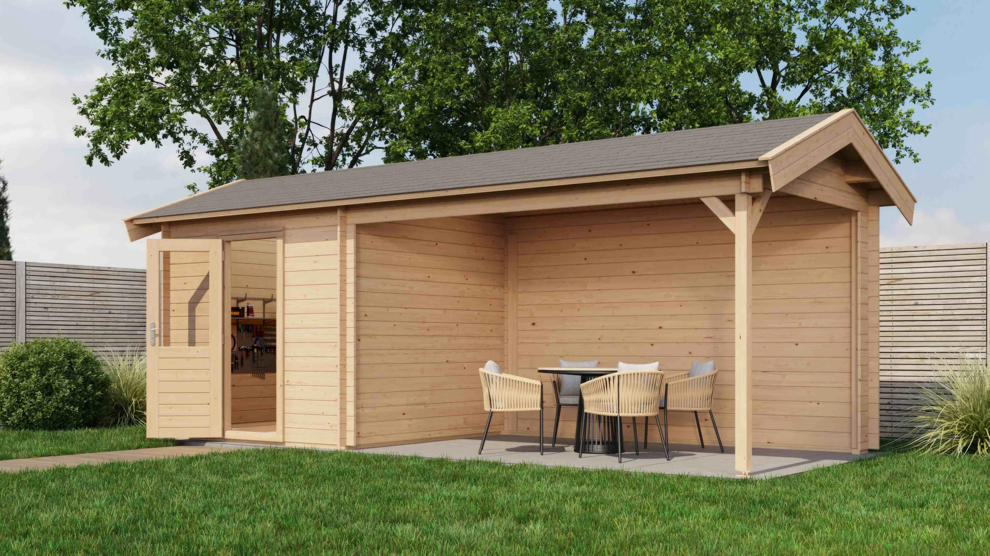 Lugarde Select Blockhaus Erlangen mit Vordach 250x250cm + 400cm -