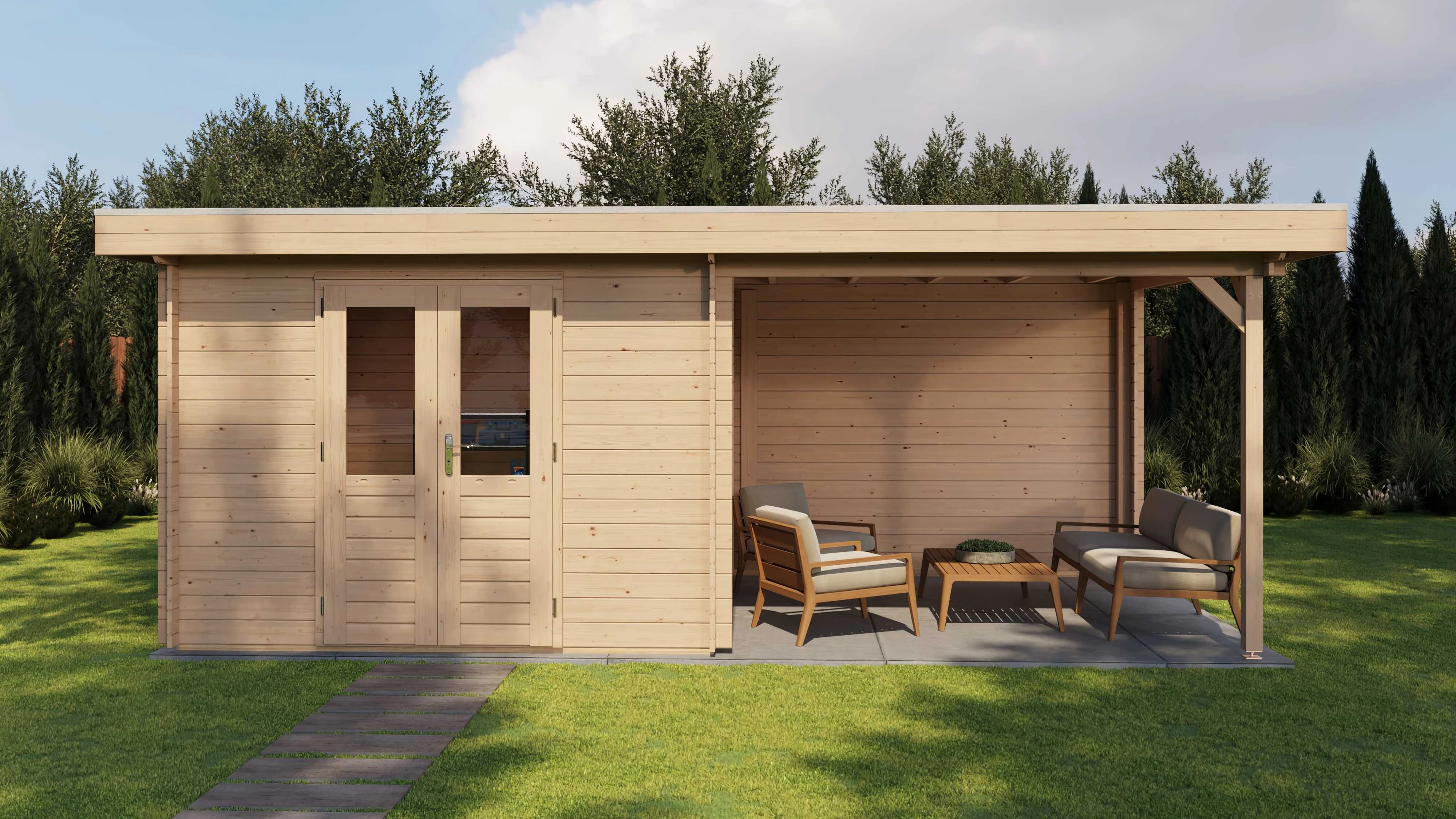 Lugarde Select Blockhaus Bayreuth mit Vordach 300x300cm + 300cm -