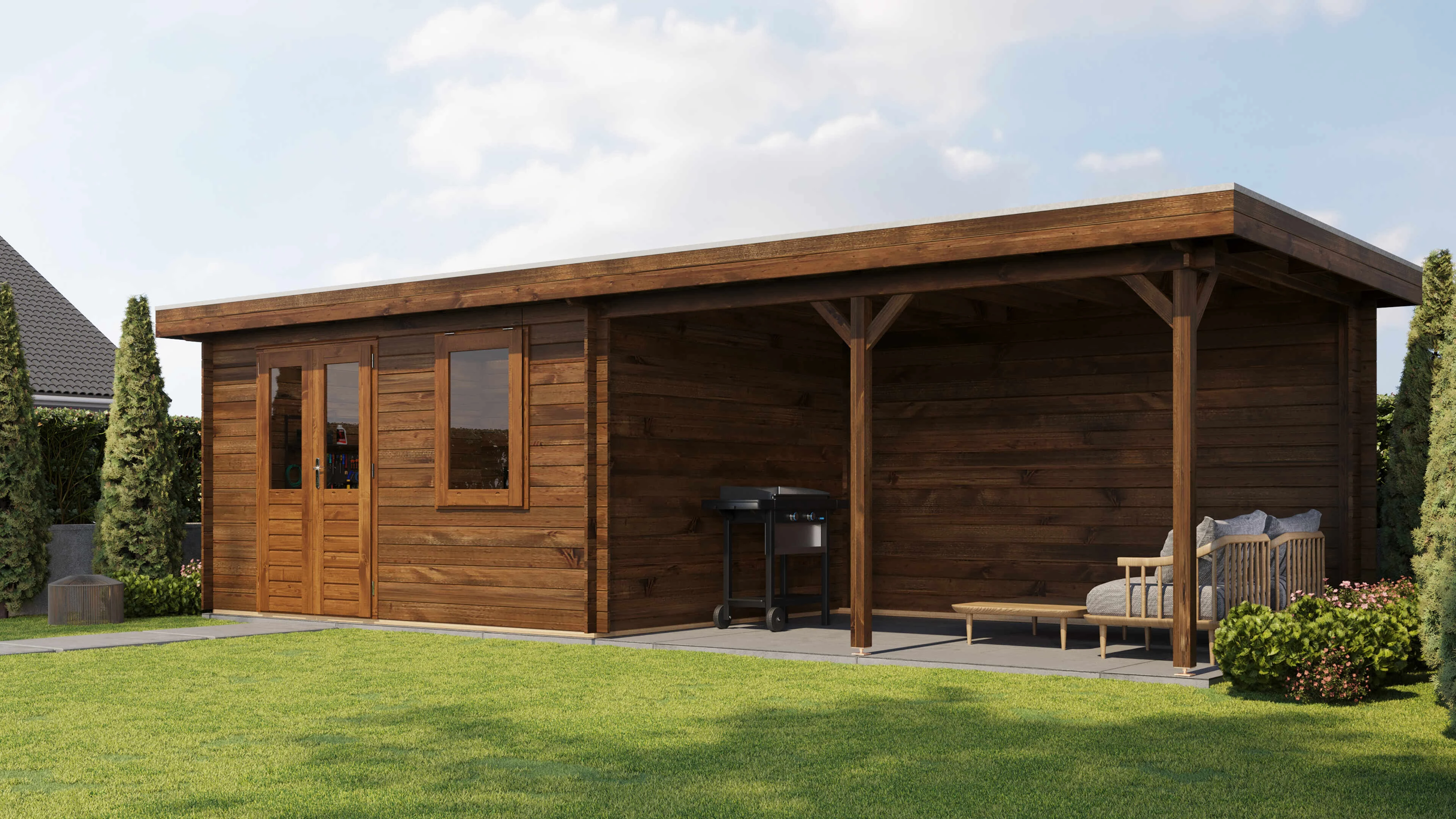 Lugarde Select Blockhaus Chemnitz mit Vordach 400x300cm + 400cm - Kesseldruck Braun