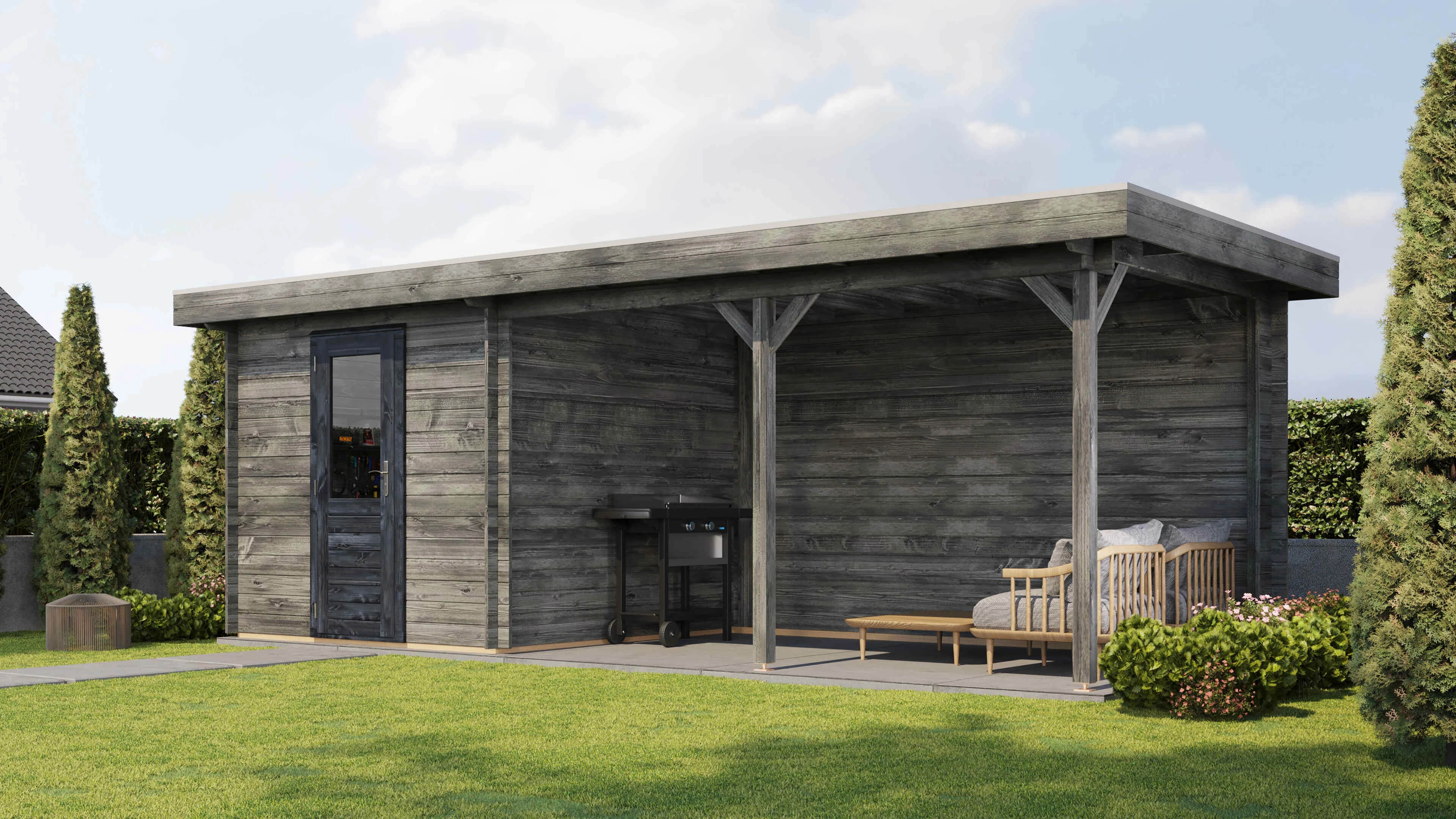 Lugarde Select Blockhaus Ansbach mit Vordach 250x250cm + 400cm - Kesseldruck Grau