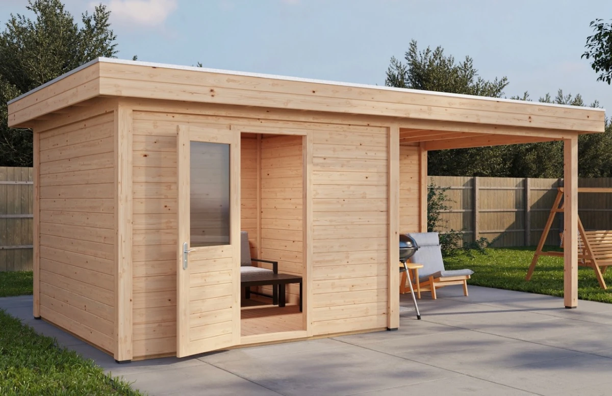 Lugarde Select Modern Gartenhaus 28mm mit Vordach Bonn 300x300cm + 300cm - Unbehandelt