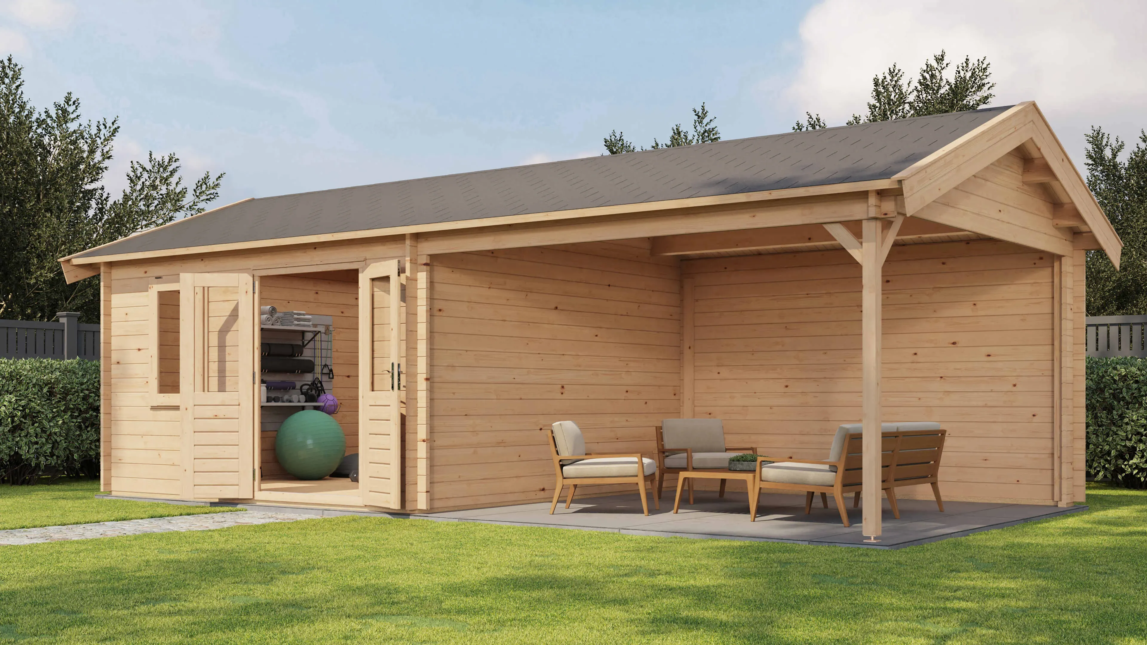 Lugarde Select Blockhaus Halberstadt mit Vordach 400x400cm + 400cm -