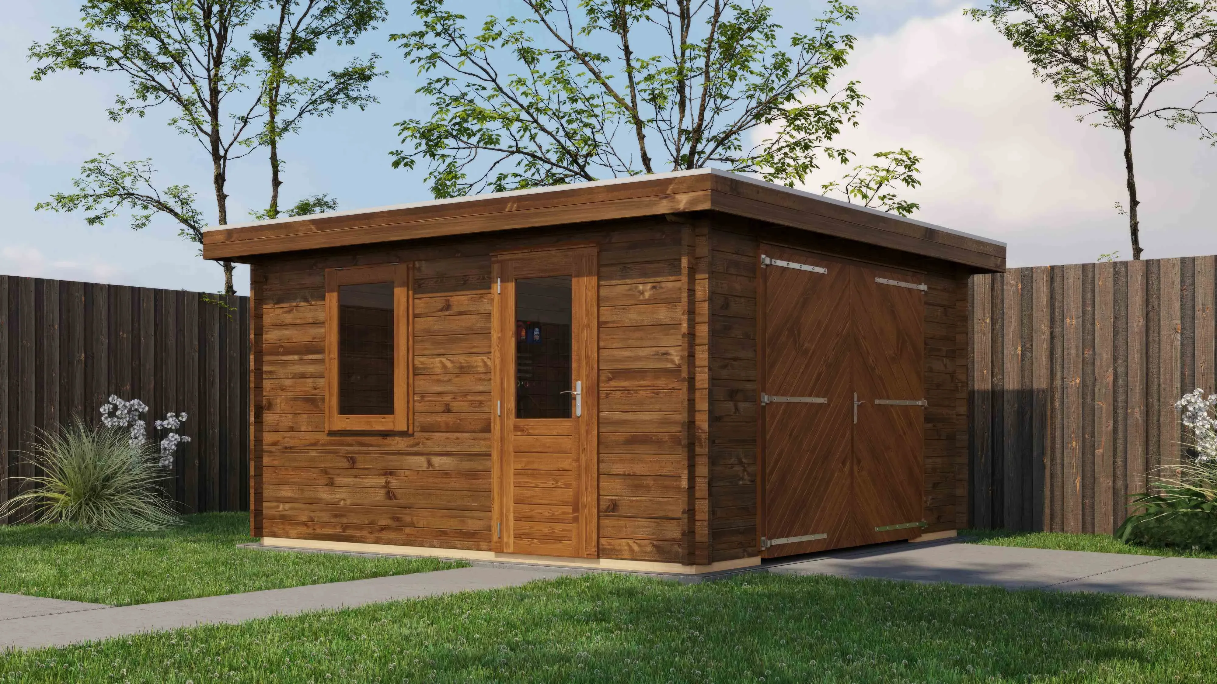 Lugarde Select Blockhaus Hoyerswerda mit Garagentor 400x400cm - Kesseldruck Braun