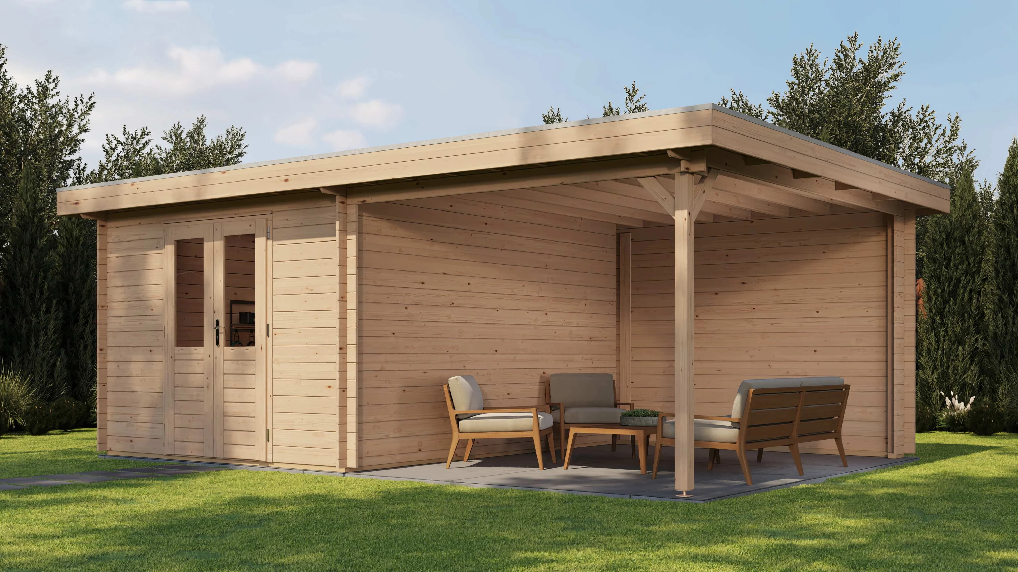 Lugarde Select Blockhaus Bielefeld mit Vordach 300x400cm + 300cm -