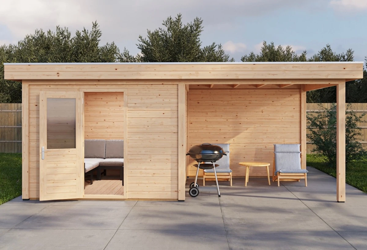 Lugarde Select Modern Gartenhaus 28mm mit Vordach Bonn 300x300cm + 300cm - Unbehandelt