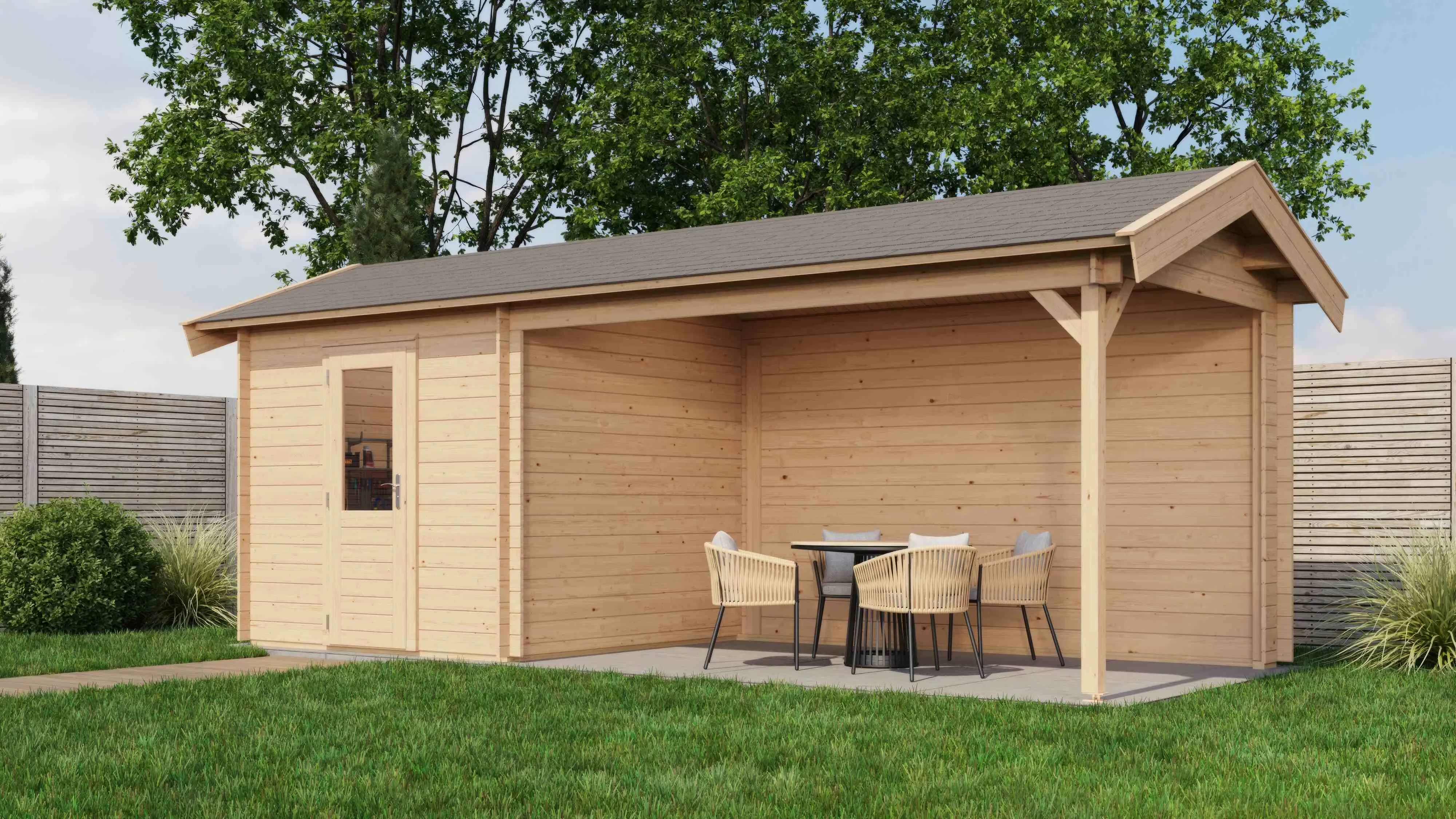 Lugarde Select Blockhaus Erlangen mit Vordach 250x250cm + 400cm -