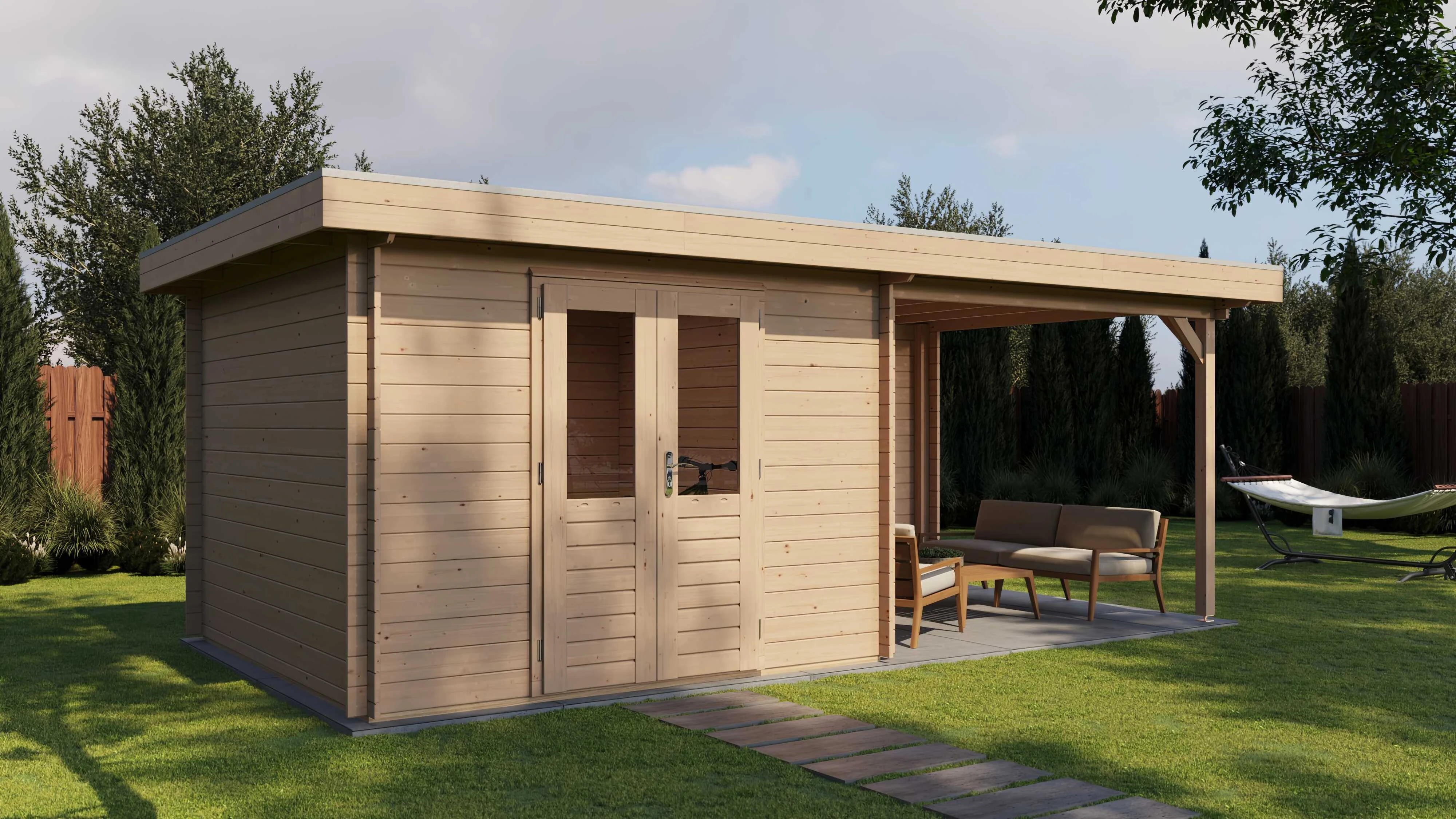 Lugarde Select Blockhaus Bayreuth mit Vordach 300x300cm + 300cm -
