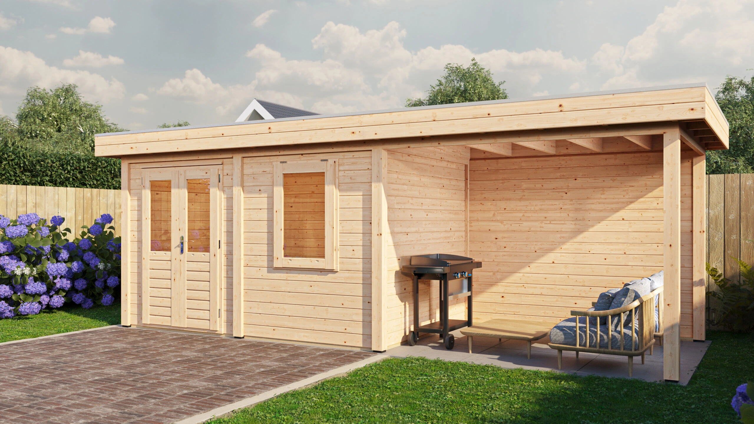 Lugarde Select Modern Gartenhaus 28mm mit Vordach Hagen 388x250cm + 400cm - Unbehandelt