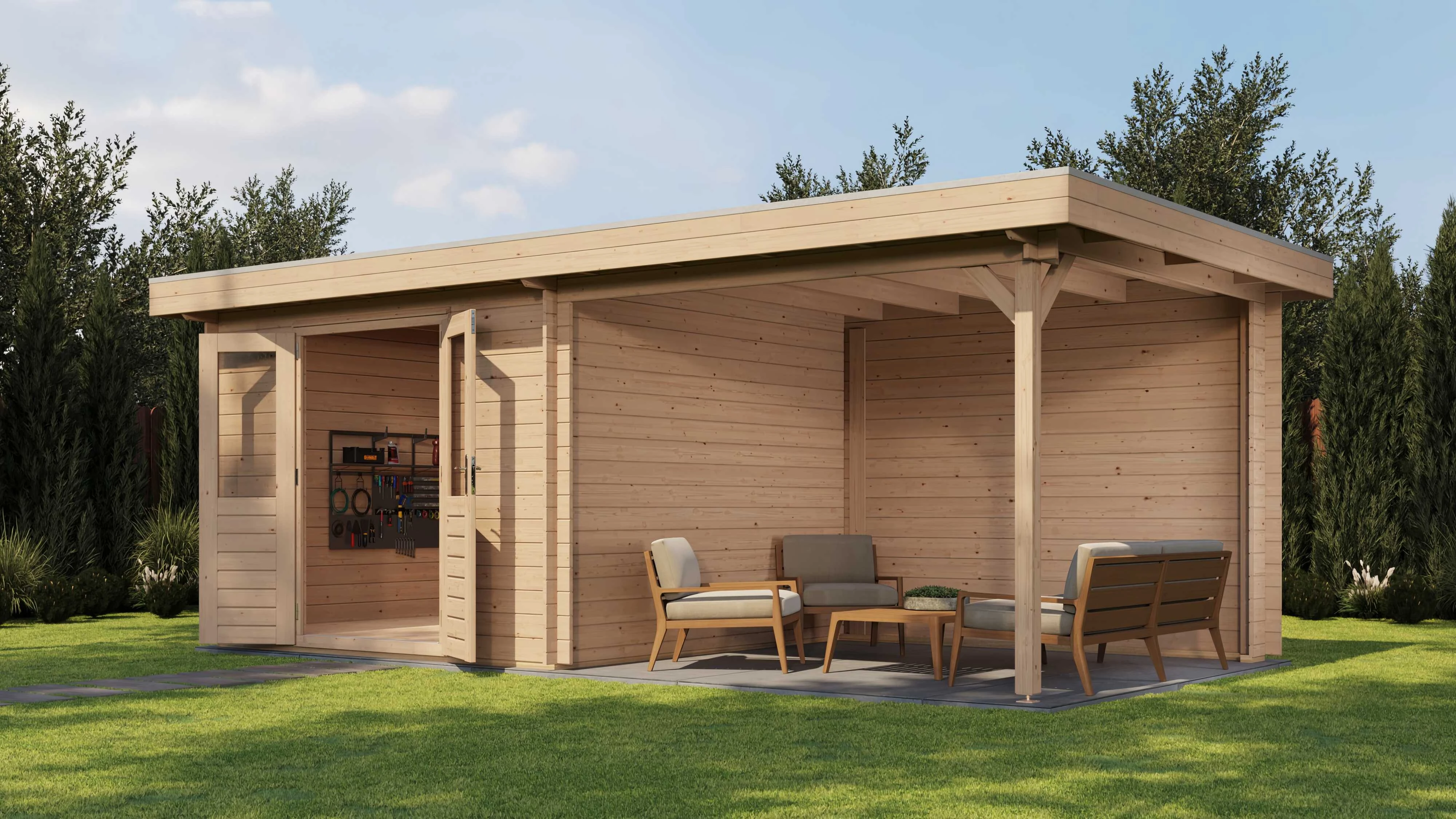 Lugarde Select Blockhaus Bayreuth mit Vordach 300x300cm + 300cm -