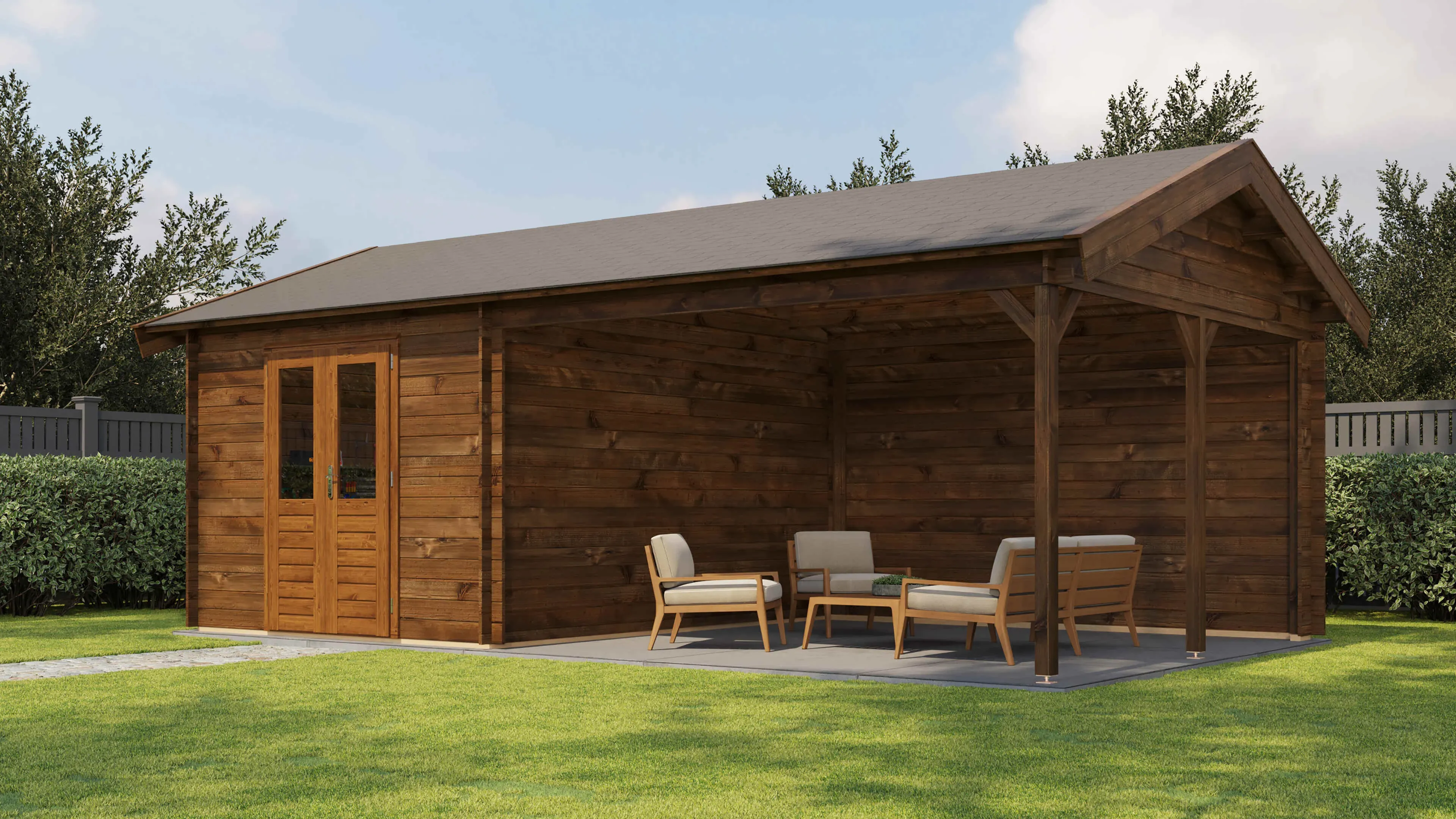 Lugarde Select Blockhaus Gelsenkirchen mit Vordach 300x400cm + 400cm - Kesseldruck Braun