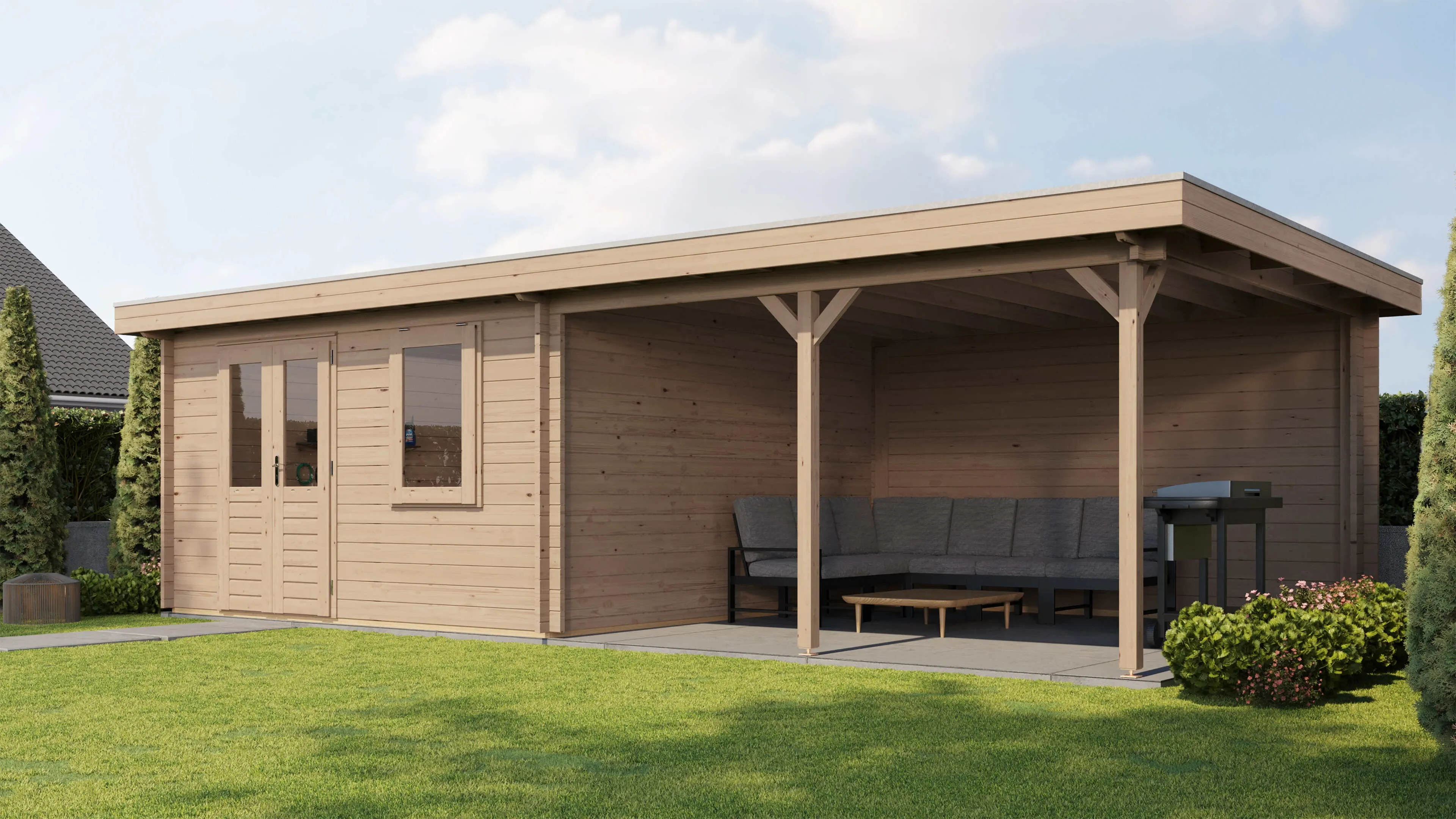 Lugarde Select Blockhaus Düren mit Vordach 400x400cm + 400cm -