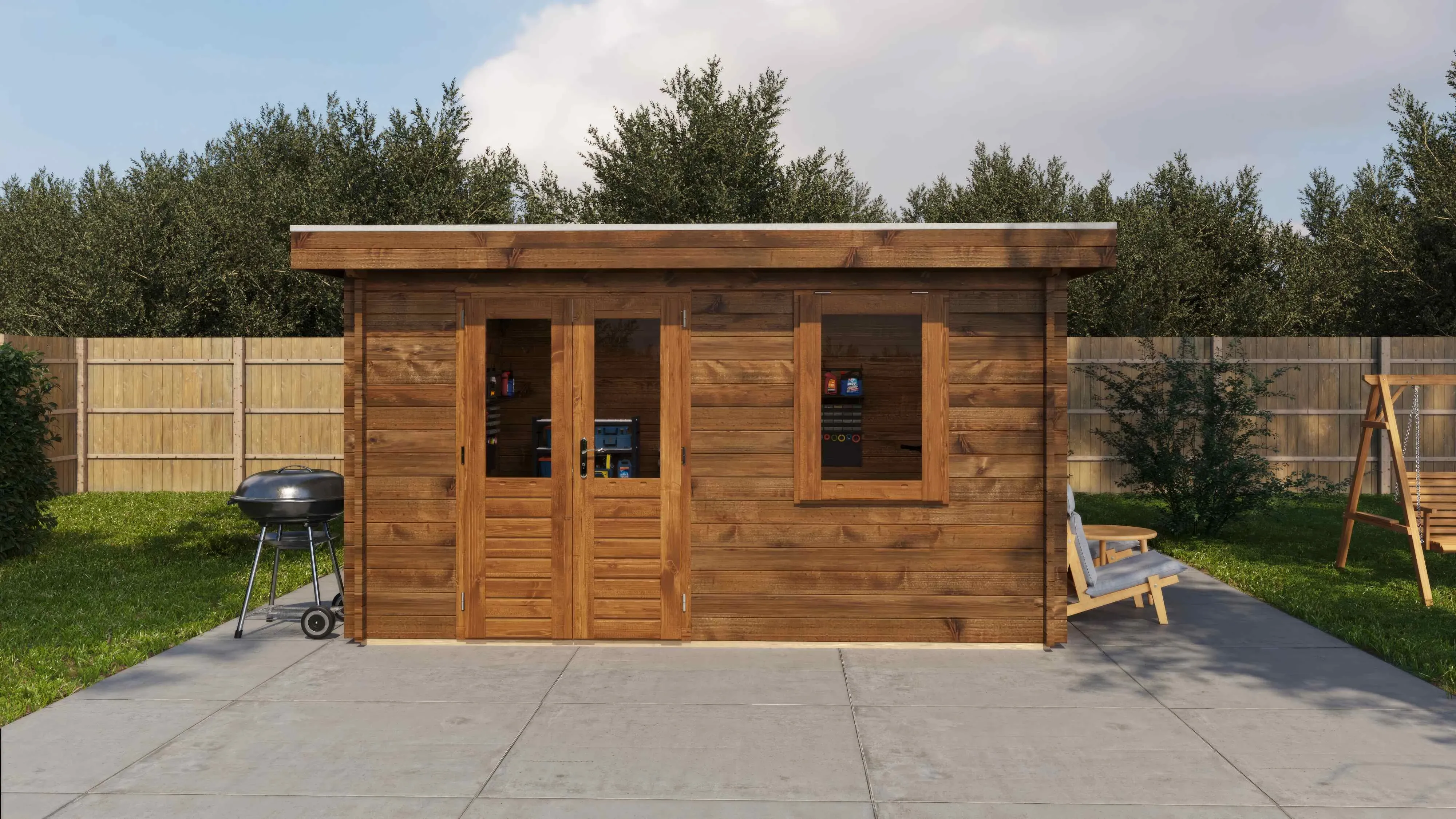 Lugarde Select Blockhaus Hoyerswerda mit Garagentor 400x400cm - Kesseldruck Braun