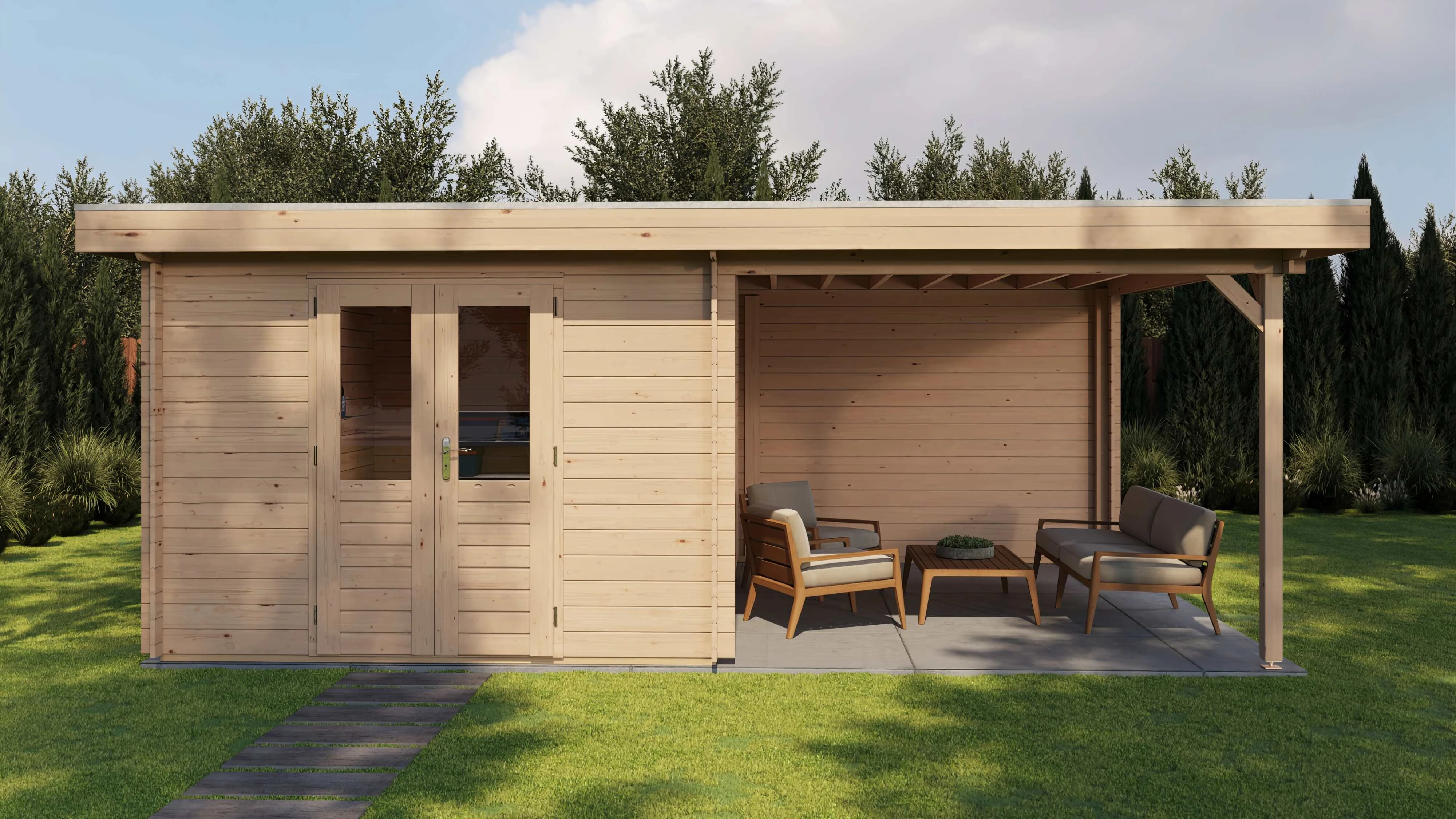 Lugarde Select Blockhaus Bielefeld mit Vordach 300x400cm + 300cm -