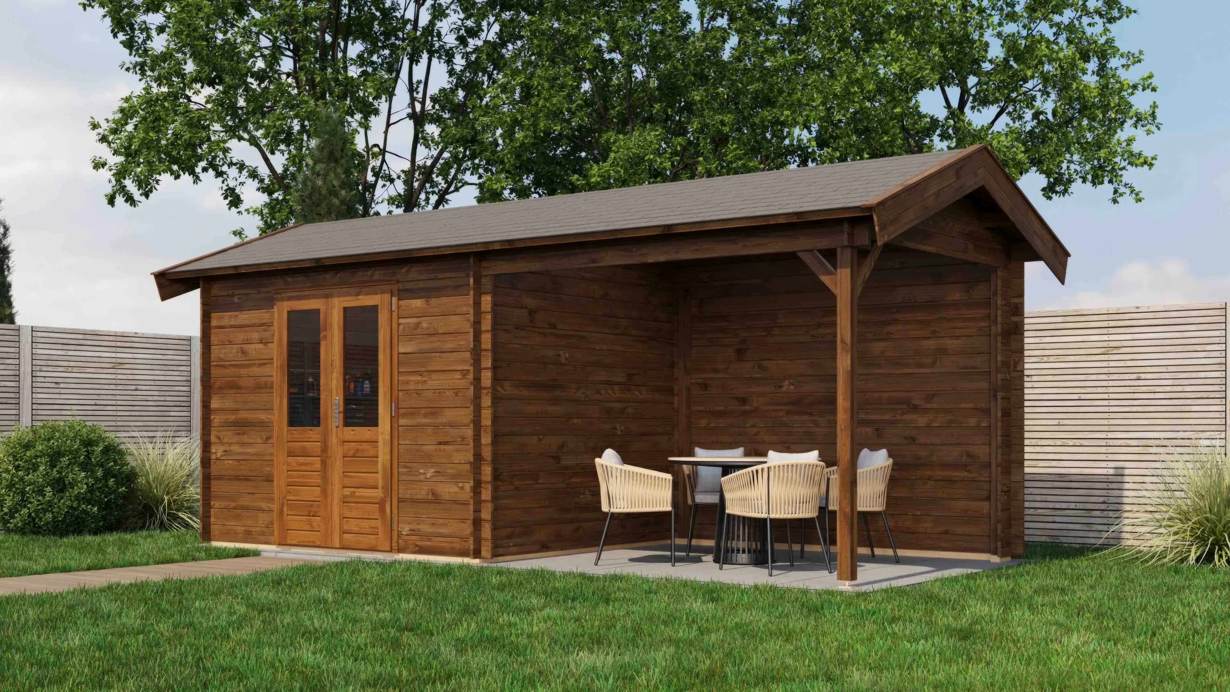 Lugarde Select Blockhaus Flensburg mit Vordach 300x250cm + 300cm - Kesseldruck Braun