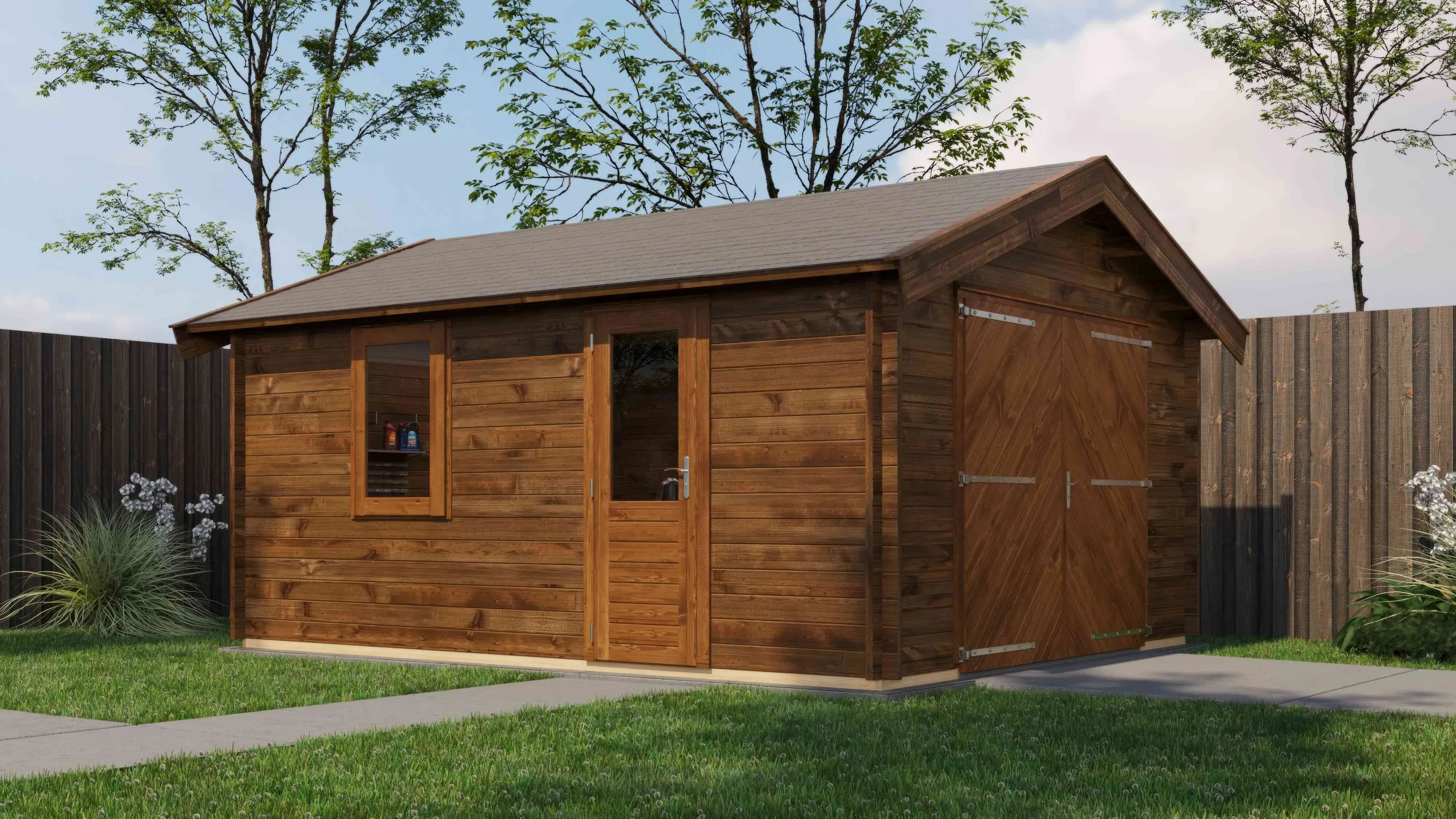 Lugarde Select Blockhaus Heidenheim mit Garagentor 400x500cm - Kesseldruck Braun