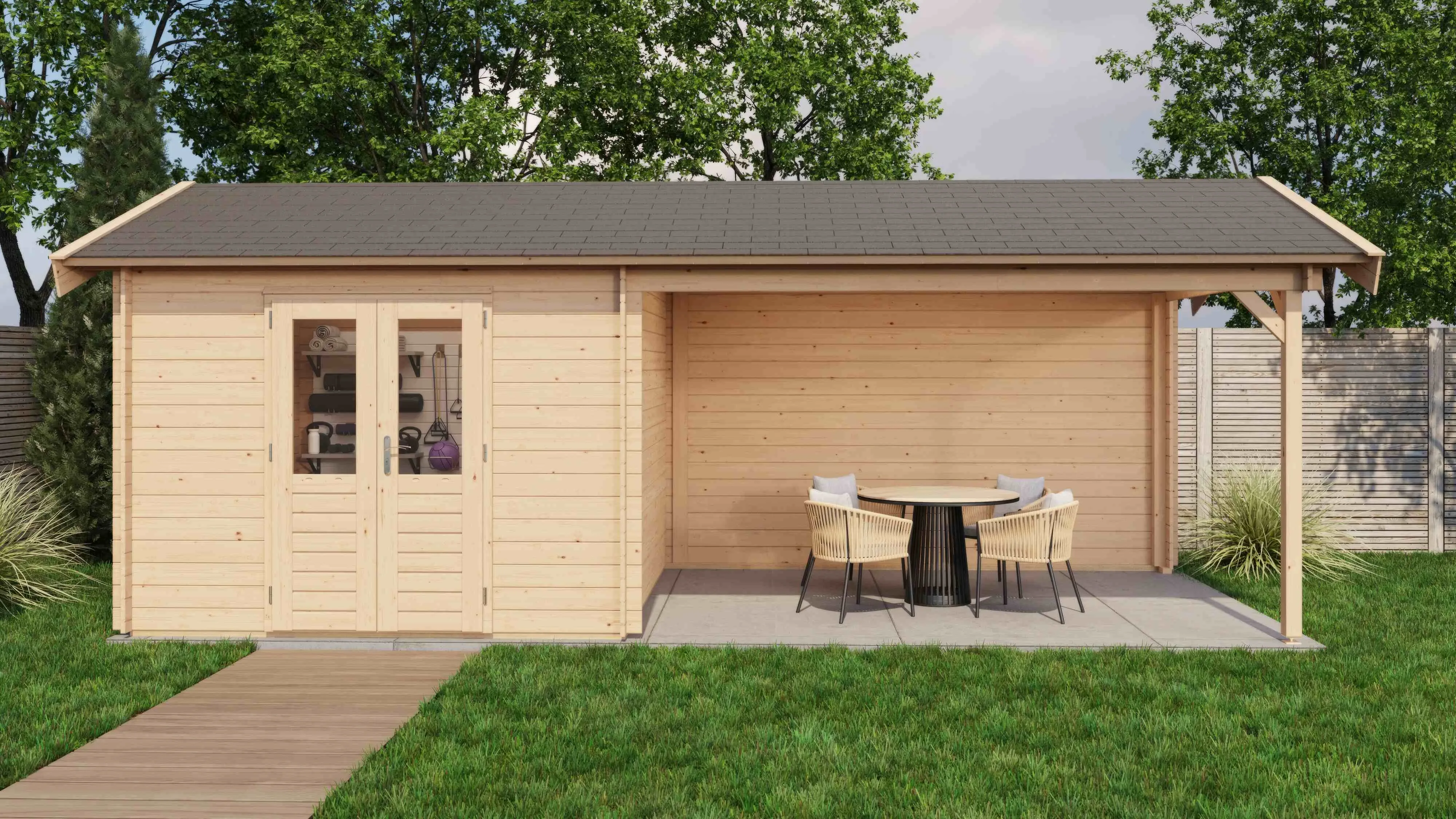 Lugarde Select Blockhaus Fürstenfeldbruck mit Vordach 300x300cm + 400cm -