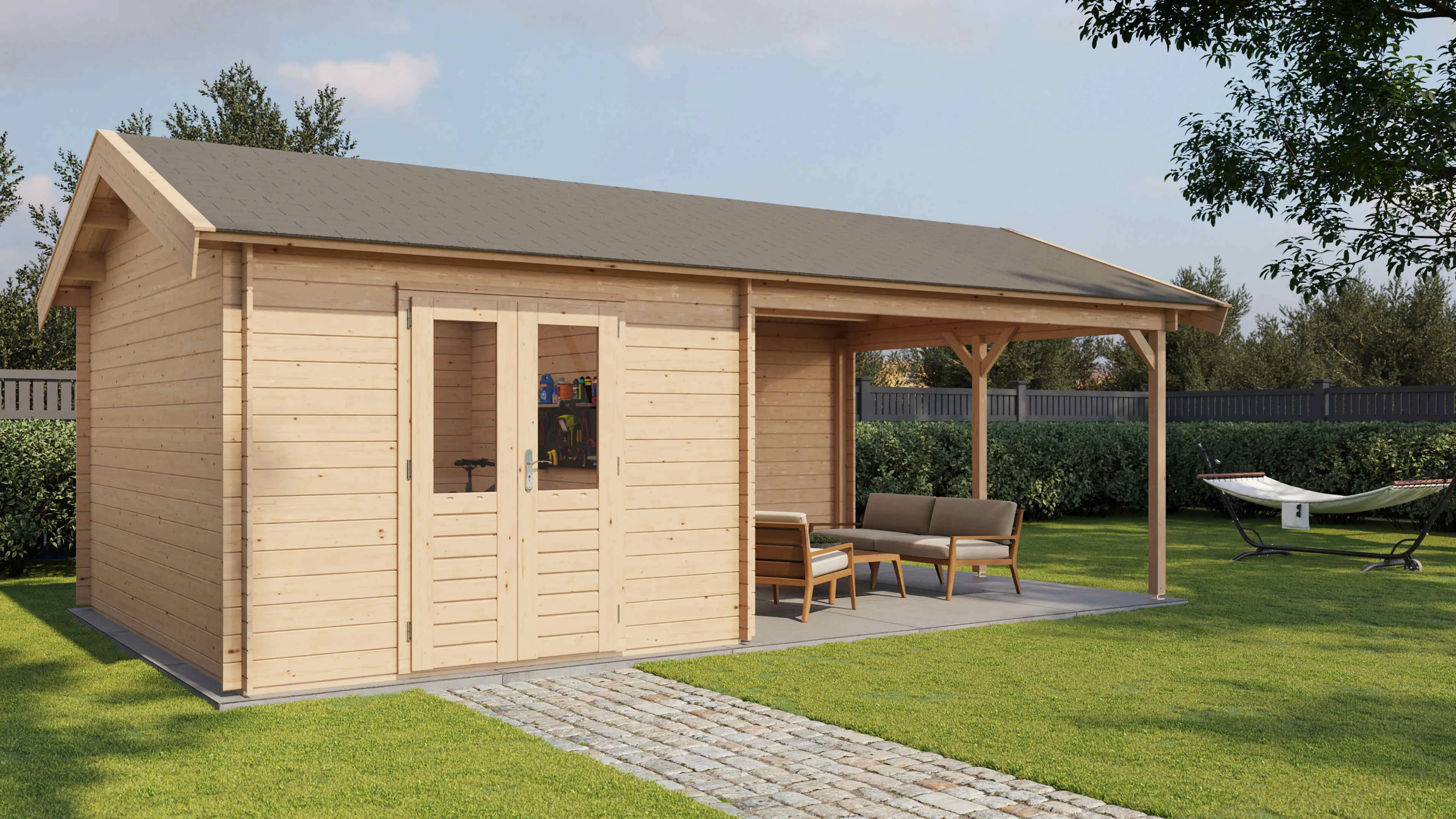 Lugarde Select Blockhaus Gelsenkirchen mit Vordach 300x400cm + 400cm -