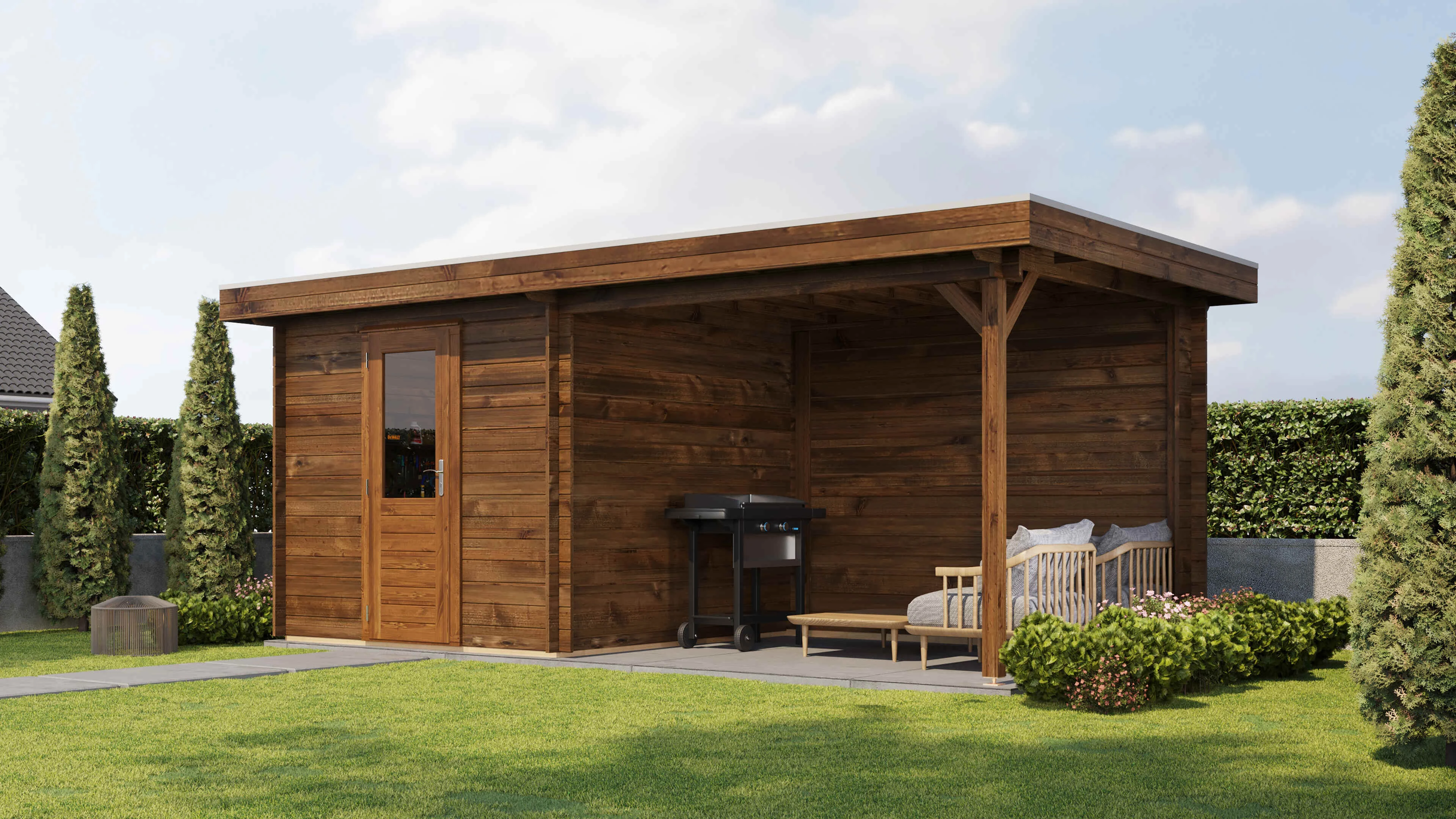 Lugarde Select Blockhaus Amberg mit Vordach 250x250cm + 300cm - Kesseldruck Braun