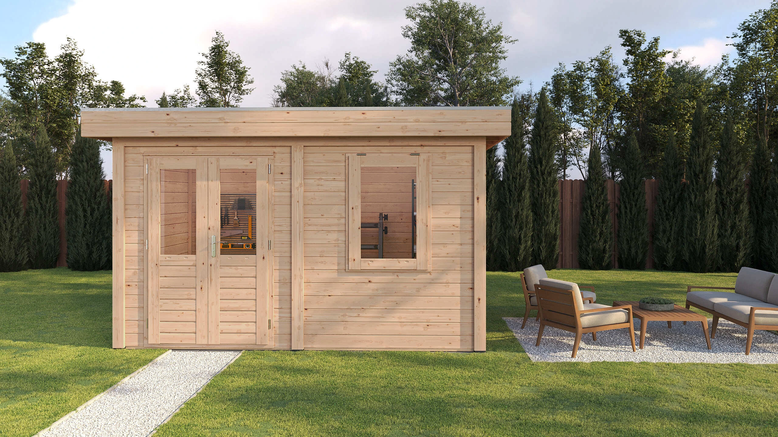 Lugarde Select Modern Gartenhaus 28mm mit Vordach Rostock 388x250cm + 300cm - Unbehandelt