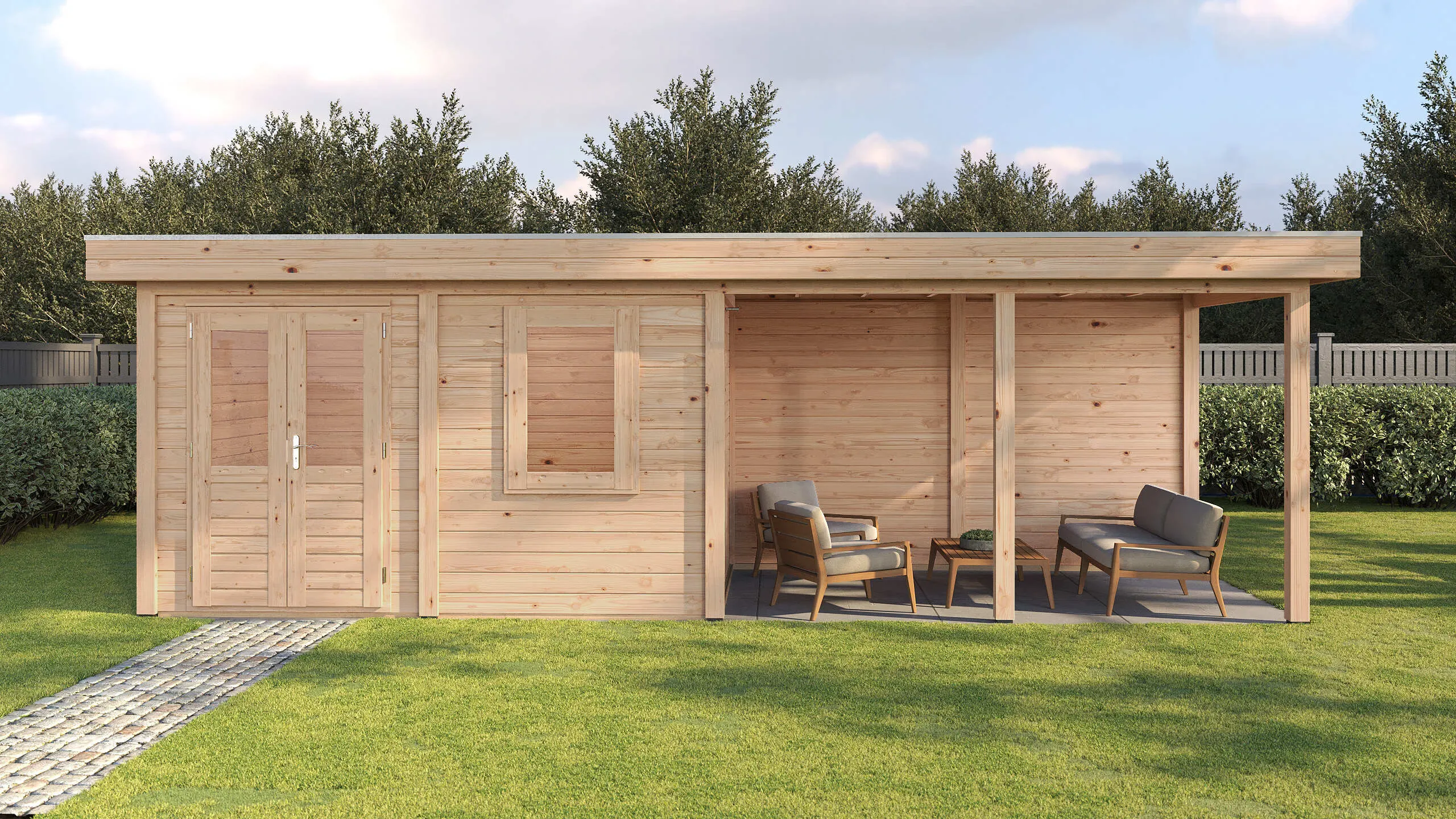 Lugarde Select Modern gartenhaus mit vordach Hagen 388x250cm + 400cm - Braunes Öl