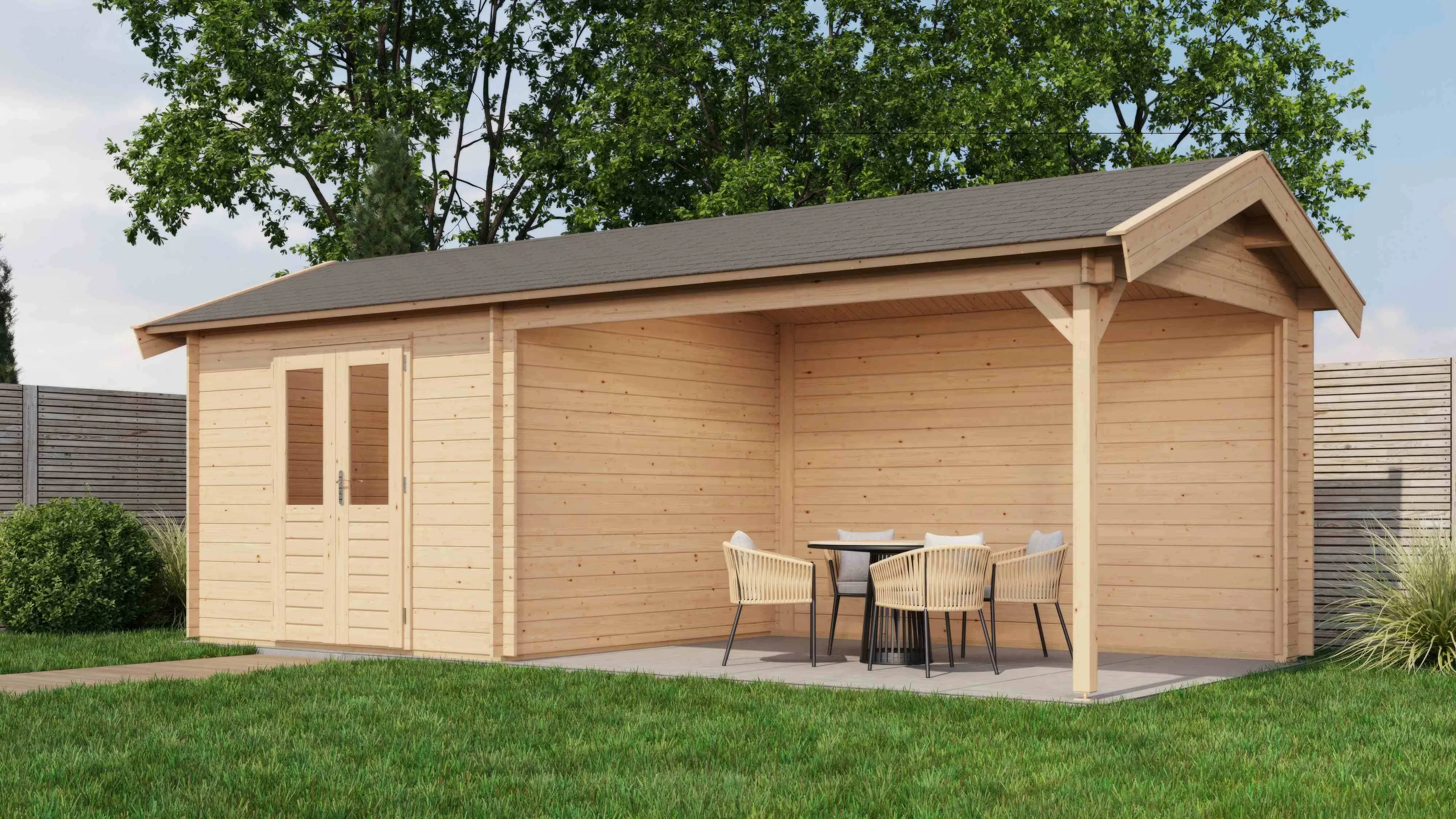 Lugarde Select Blockhaus Fürstenfeldbruck mit Vordach 300x300cm + 400cm -