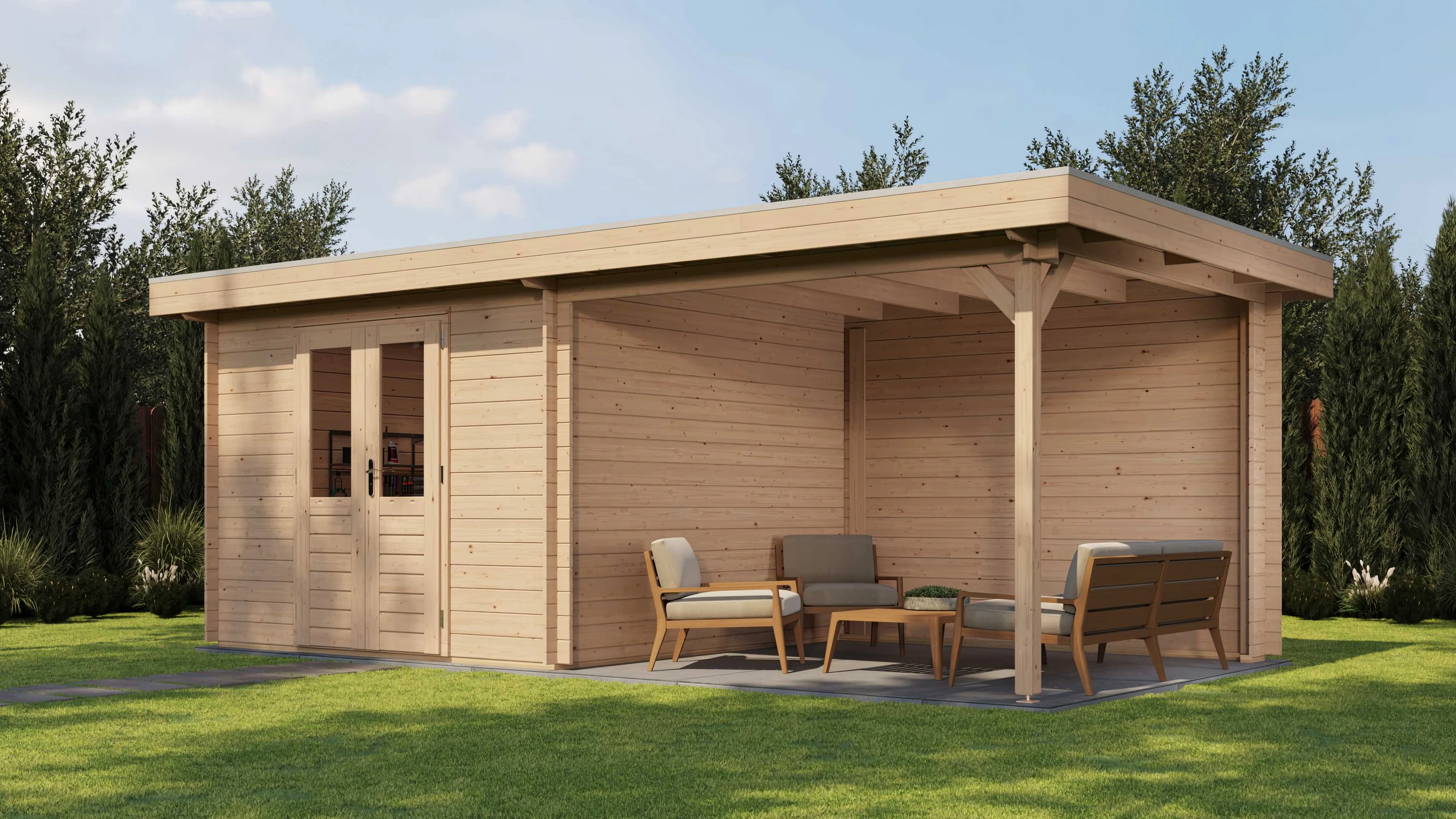 Lugarde Select Blockhaus Bayreuth mit Vordach 300x300cm + 300cm -