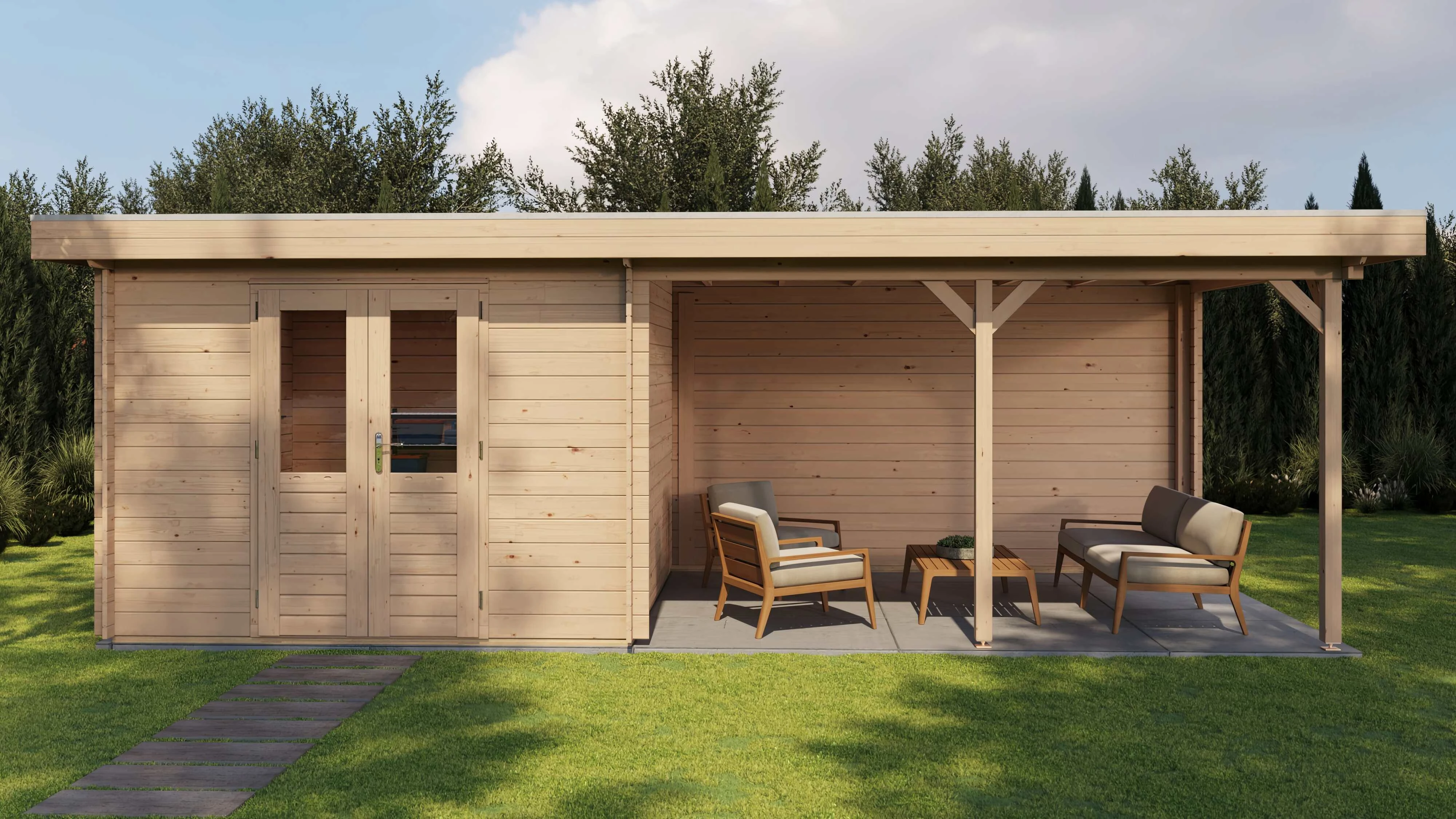 Lugarde Select Blockhaus Bensheim mit Vordach 300x300cm + 400cm -