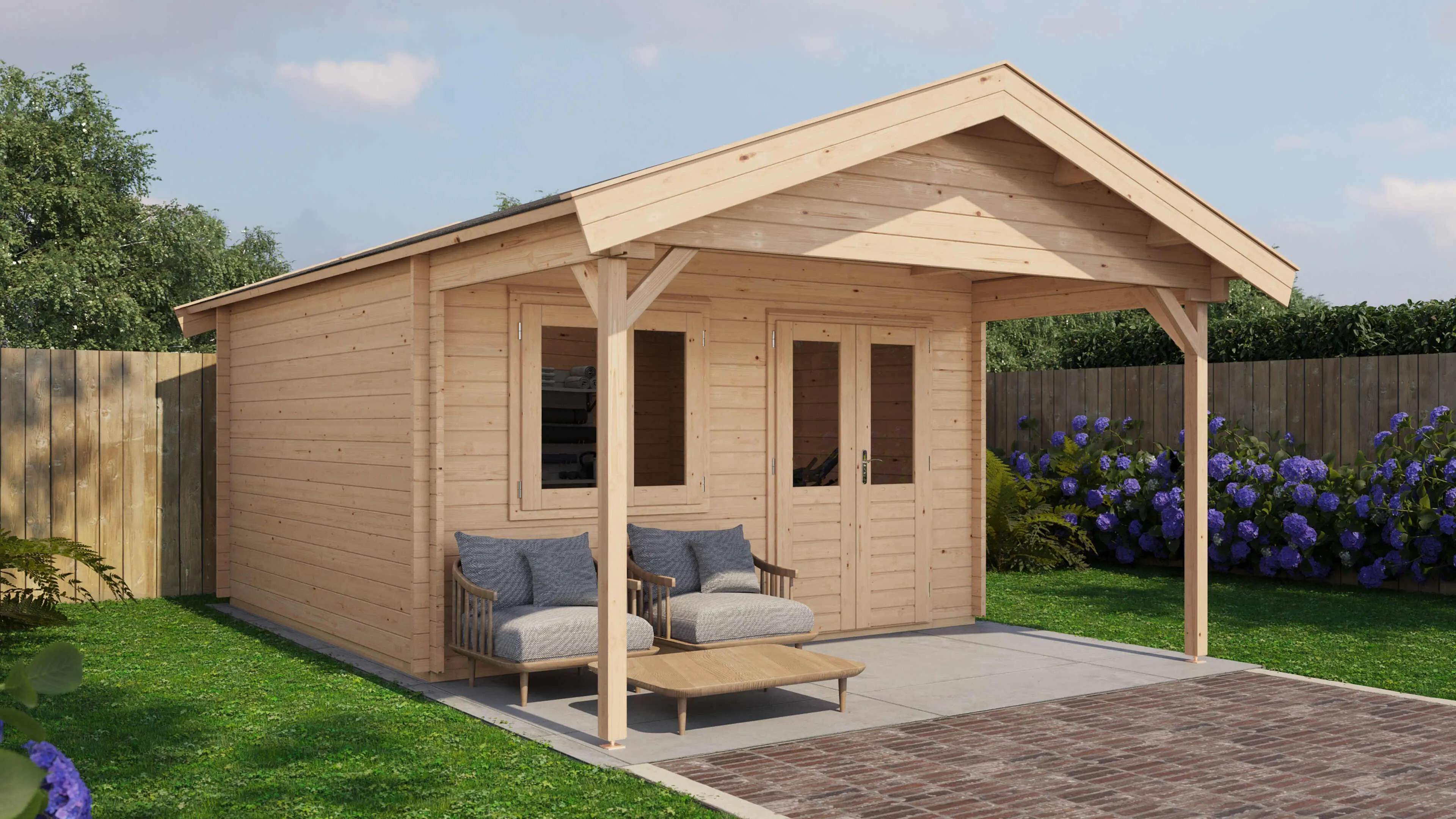 Lugarde Select Blockhaus Herford mit Vordach 400x400cm + 200cm -