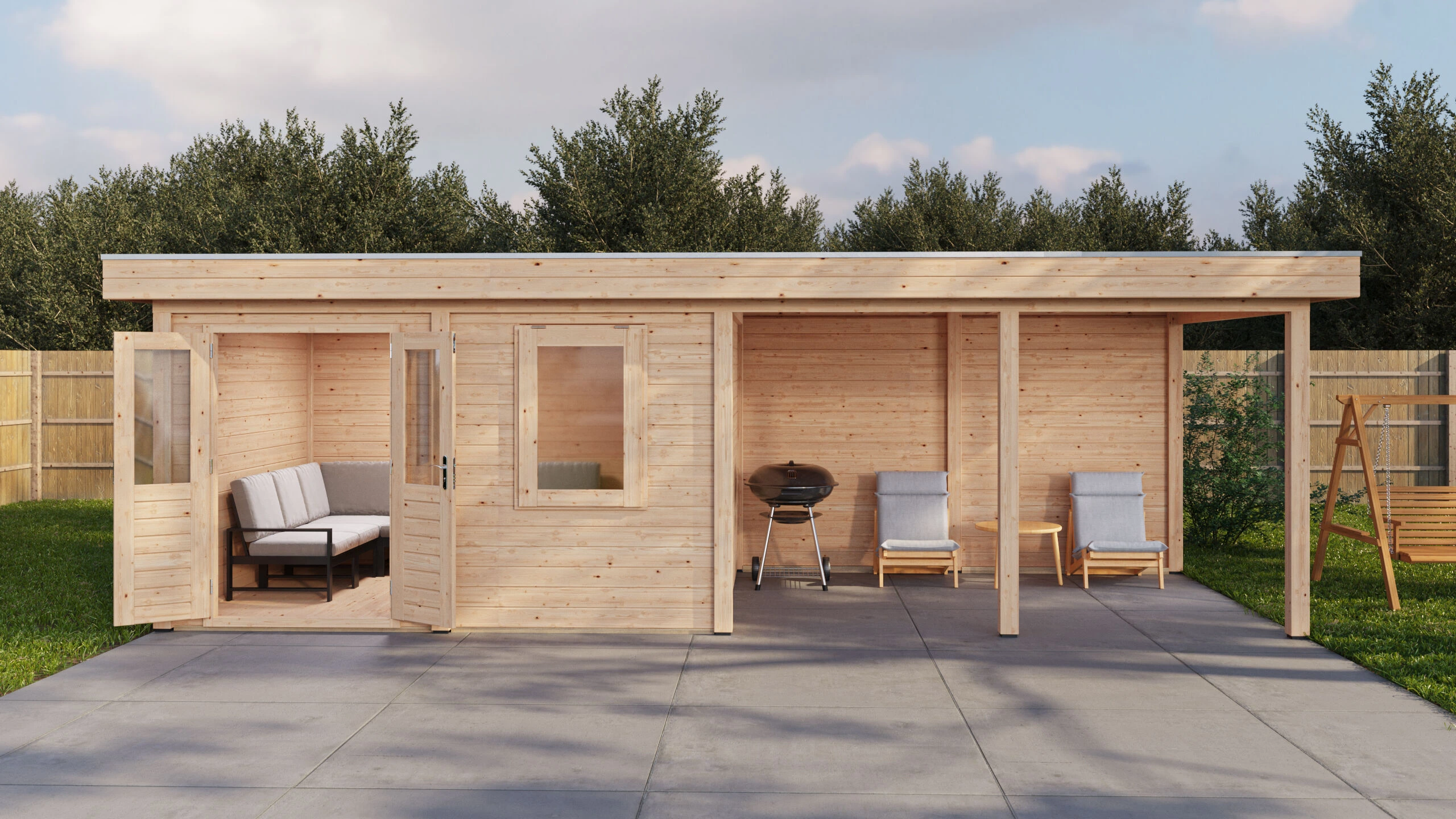 Lugarde Select Modern Gartenhaus 28mm mit Vordach Oldenburg 388x300cm + 400cm - Unbehandelt