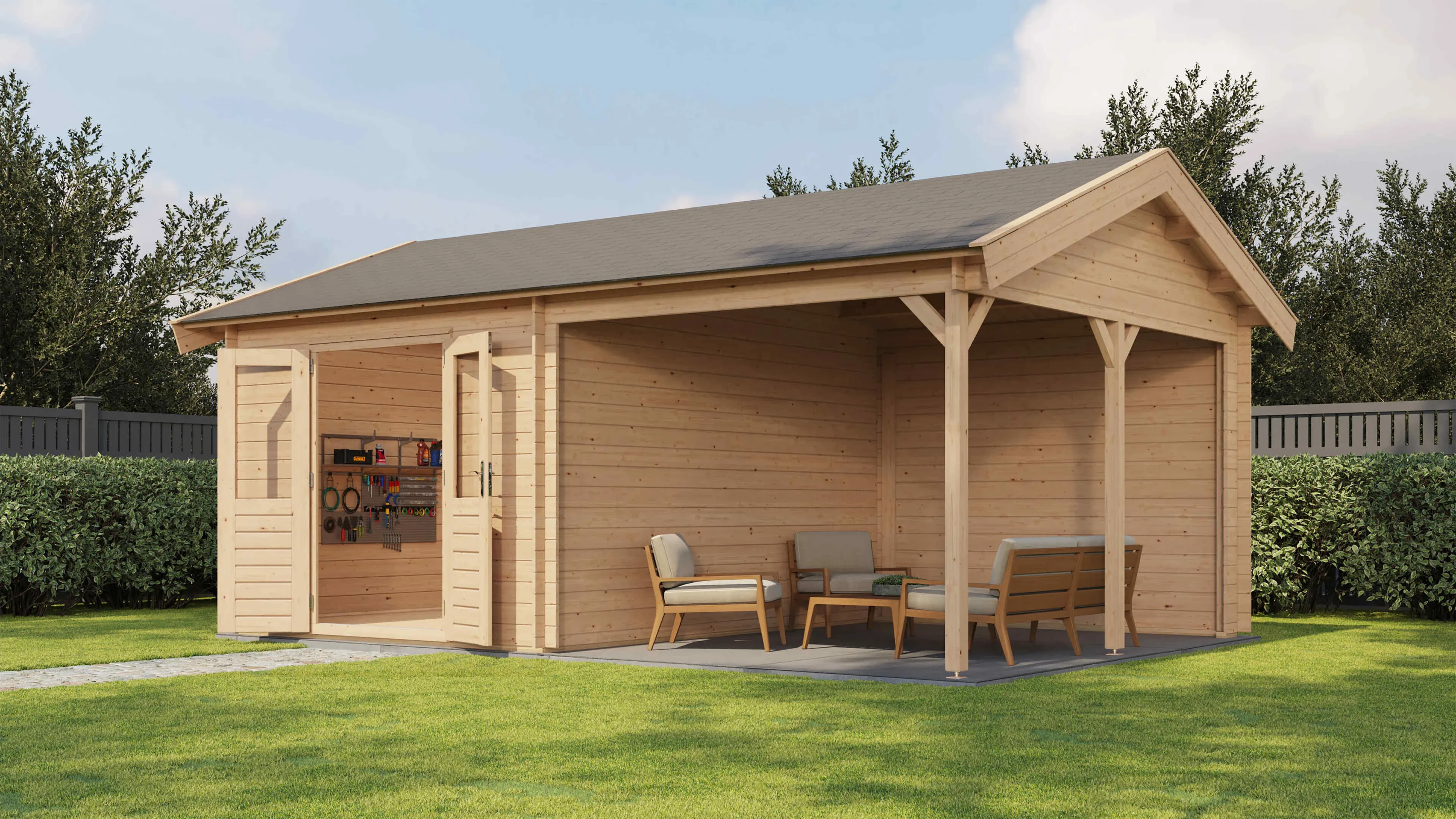 Lugarde Select Blockhaus Garmisch-Partenkirchen mit Vordach 300x400cm + 300cm -