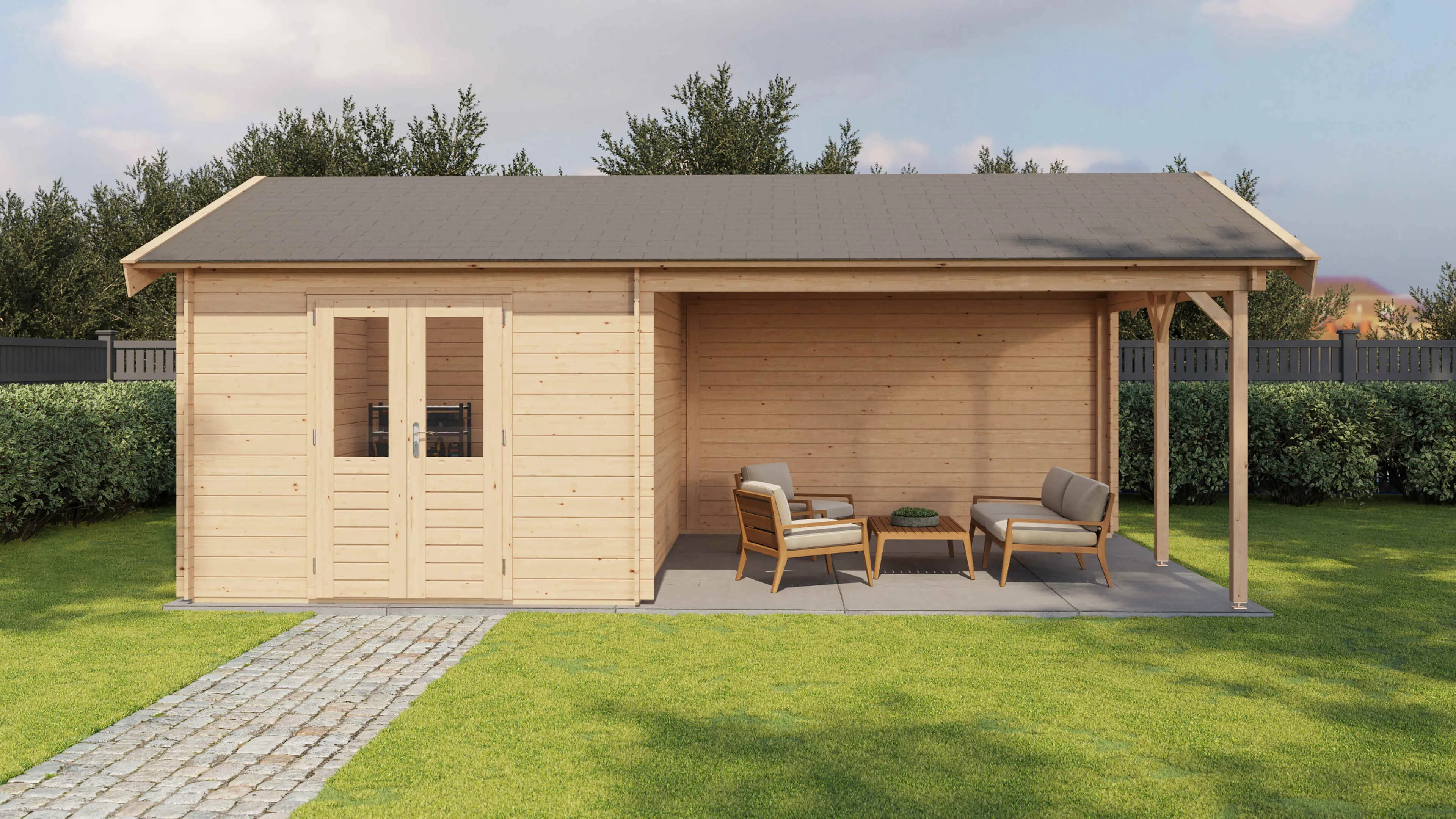 Lugarde Select Blockhaus Gelsenkirchen mit Vordach 300x400cm + 400cm -