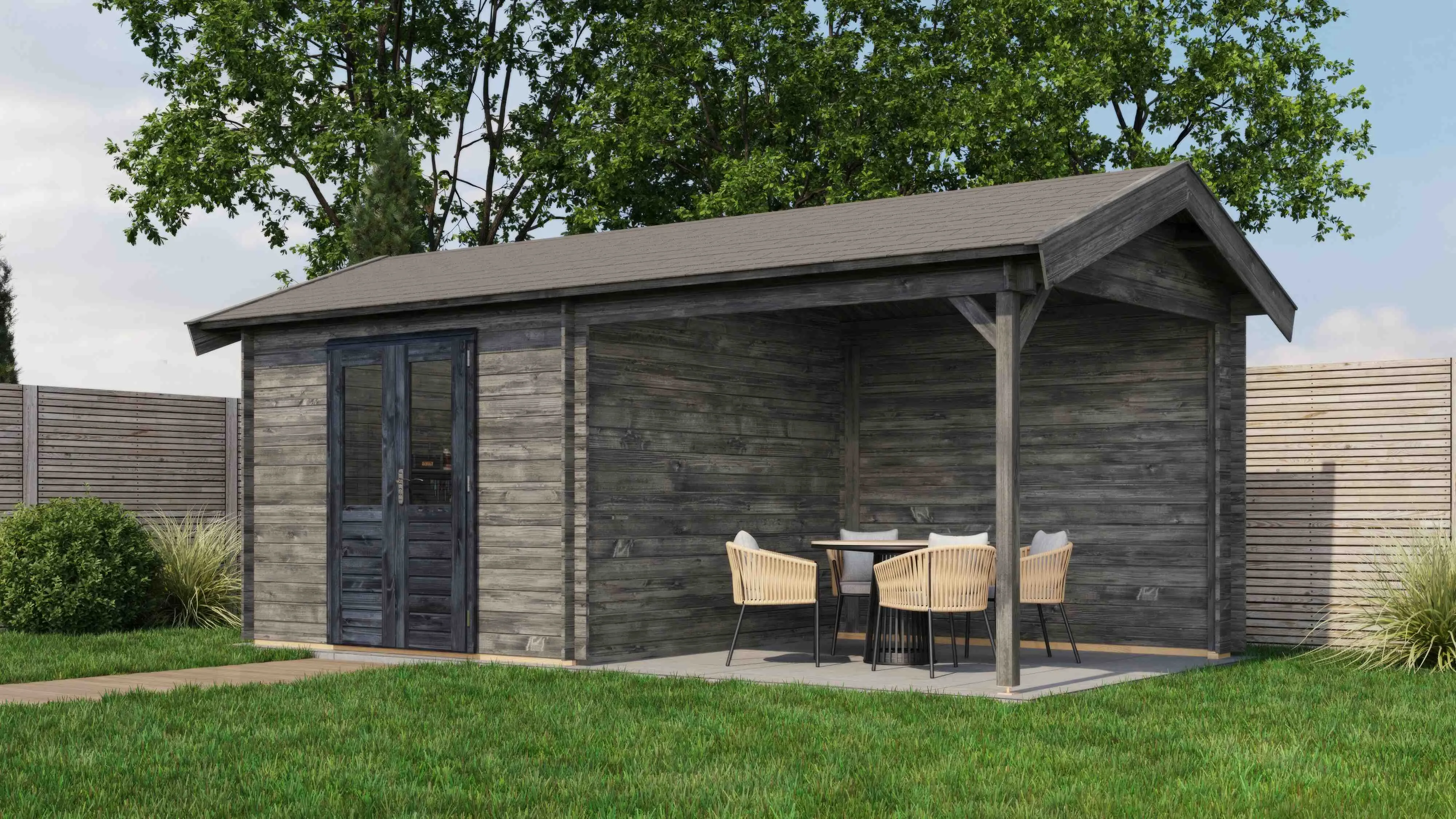 Lugarde Select Blockhaus Fulda mit Vordach 300x300cm + 300cm - Kesseldruck Grau