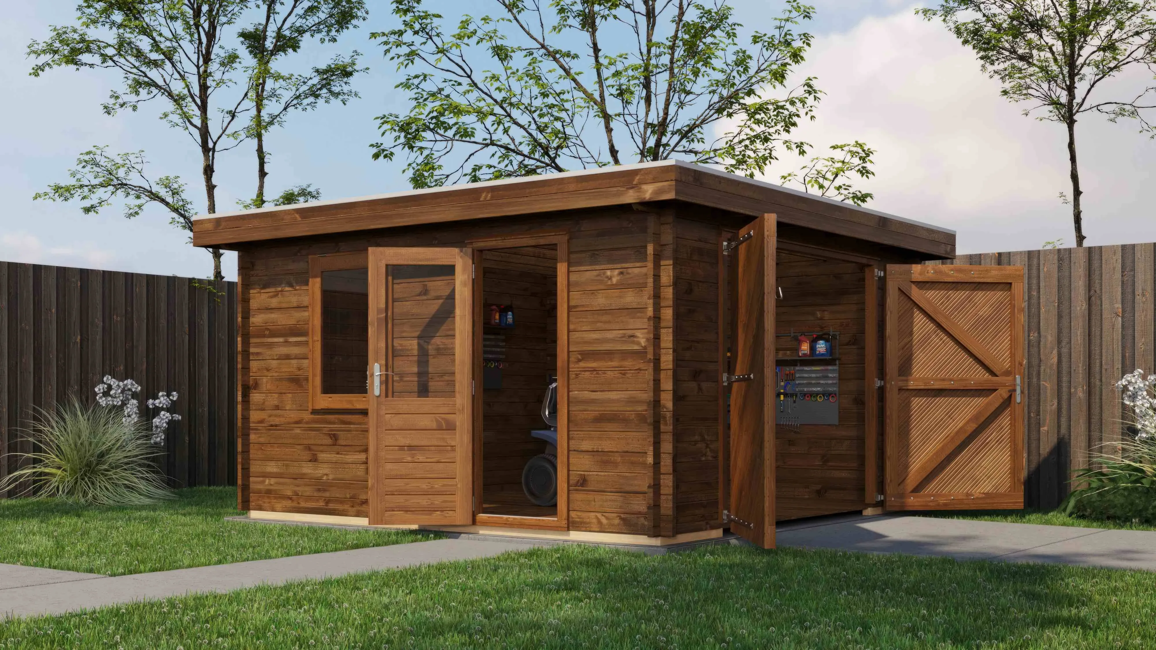 Lugarde Select Blockhaus Hoyerswerda mit Garagentor 400x400cm - Kesseldruck Braun