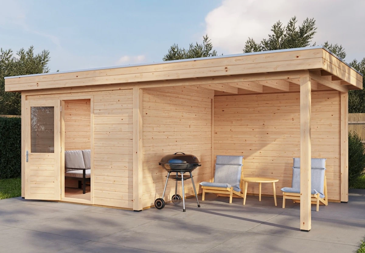 Lugarde Select Modern Gartenhaus 28mm mit Vordach Bonn 300x300cm + 300cm - Unbehandelt